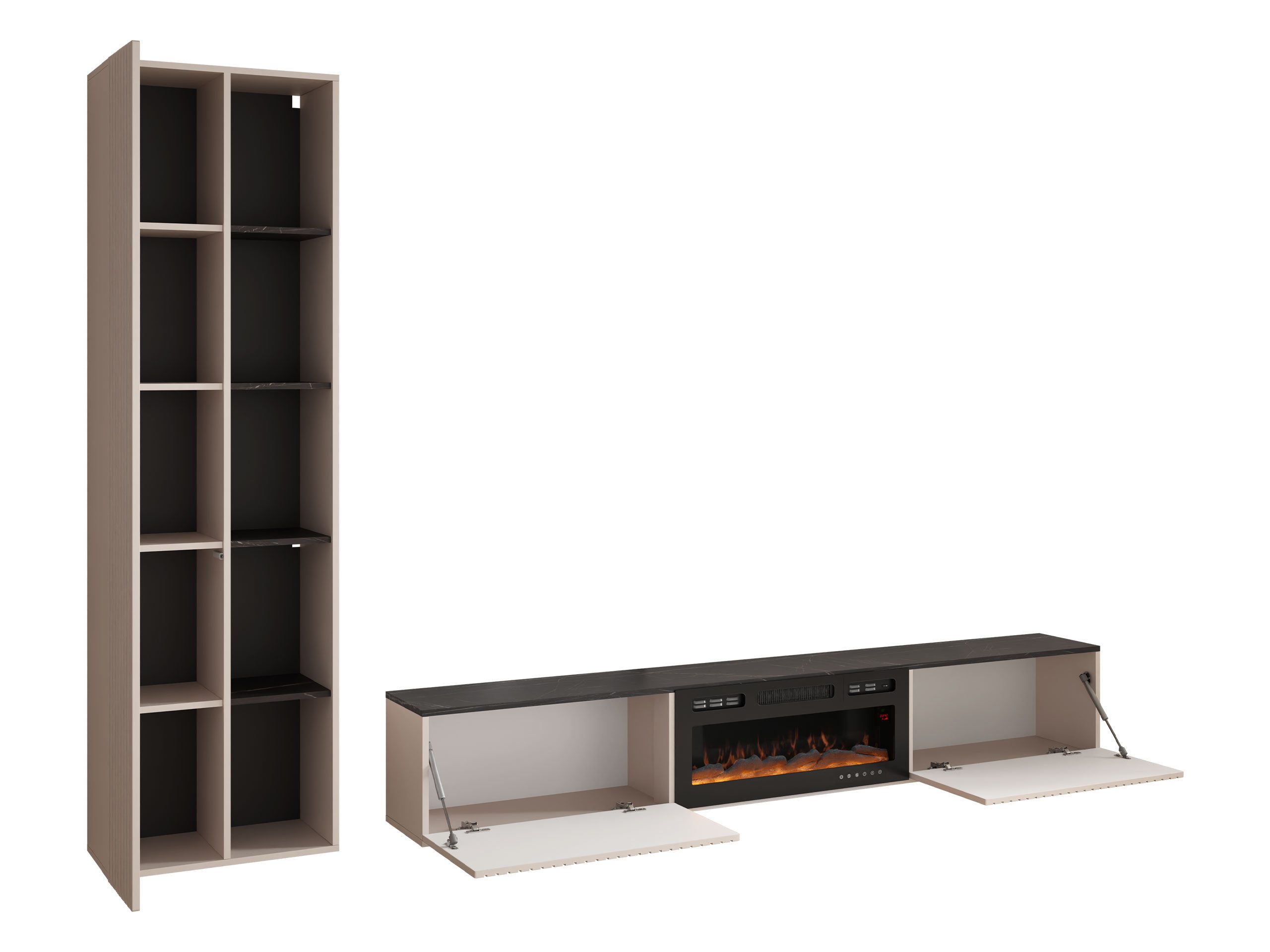 MIRJAN24 Wohnwand Helotis mit Kamin, (2er-Set, TV-Lowboard, Hochvitrine), Realistische LED-Flamme, Griffloses Öffnungssystem – Bild 4 von 5
