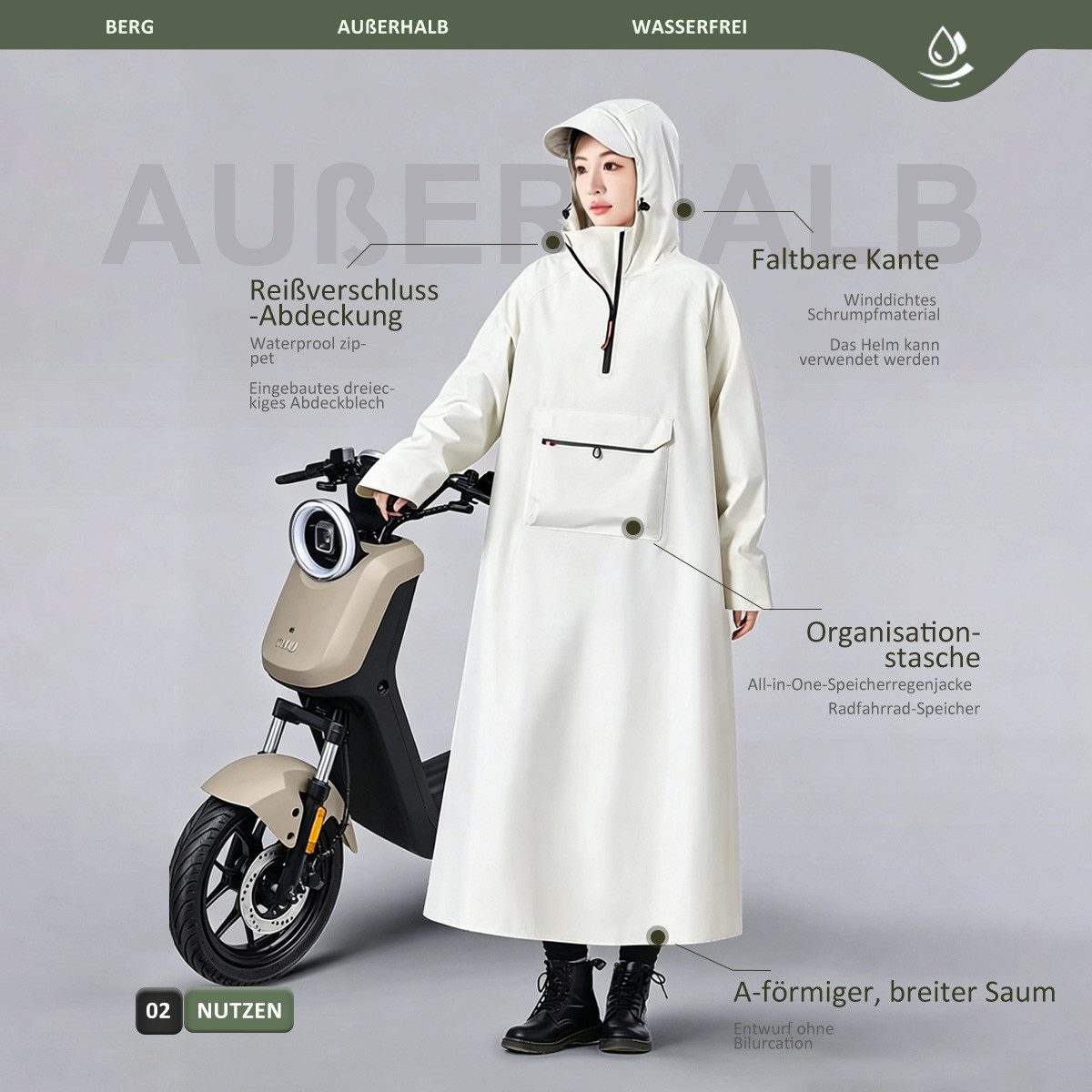 MOPUEA Regenponcho Fahrrad Regenmantel Regenjacke Damen Herren Poncho Regenponcho (zuverlässigen Wetterschutz, 1-St) wasserdicht mit Kapuze und Tasche, Polyester, Atmungsaktiv, Packbar