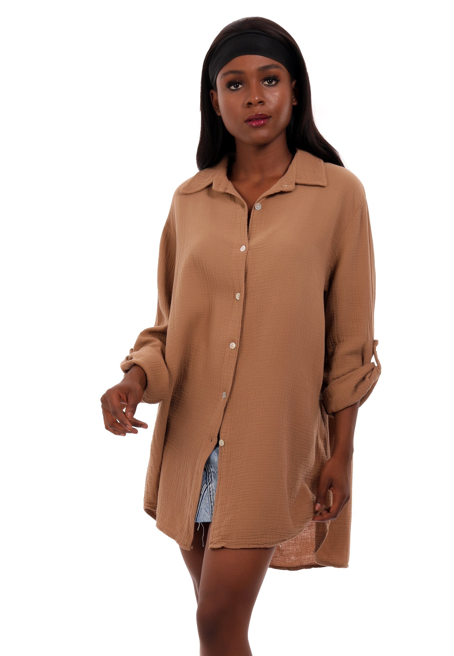 YC Fashion & Style Hemdbluse Bluse Oversized Long bluse Herrlich weicher Musselin One Size (1-tlg) Uni, Langarm, Casual camel