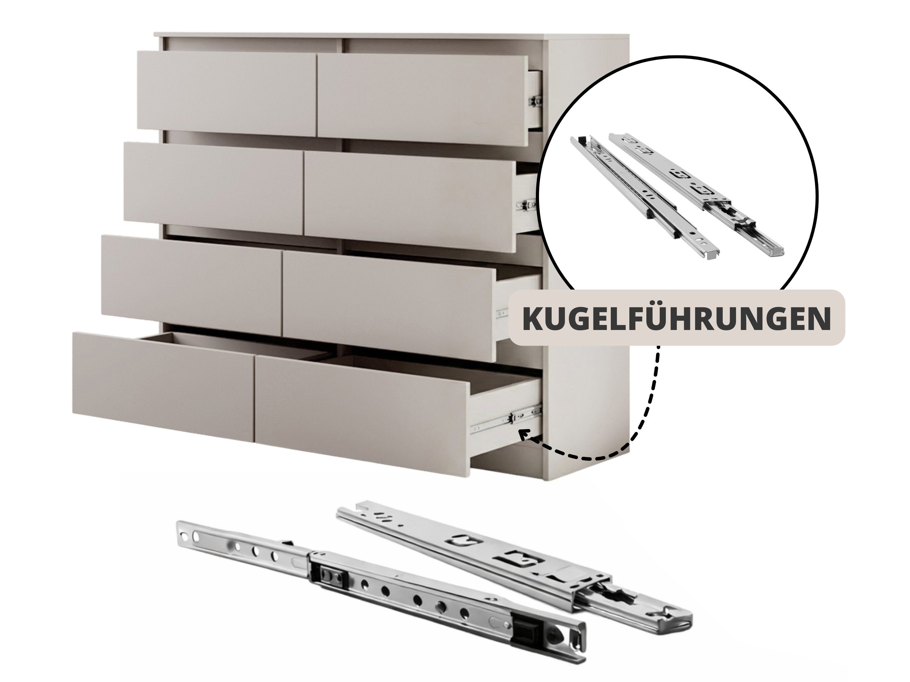 Beautysofa Kommode LEMON Kaschmir mit 8 Schubladen (Moderne Schubladenkommode Sideboard, mit Kugelführungen), Breite: 120 cm oder 140 cm