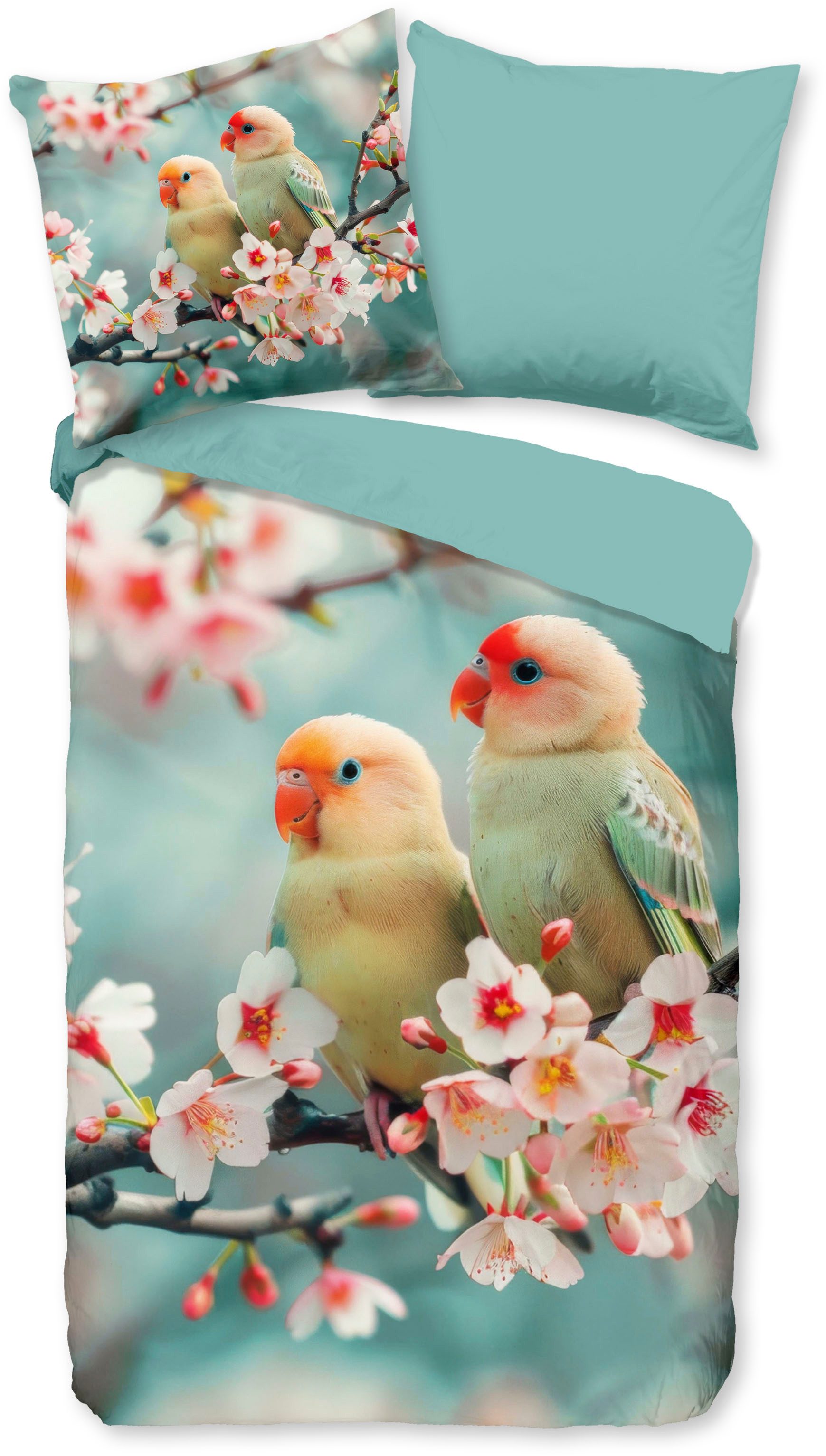 good morning Wendebettwäsche Chibi, Renforcé, 2 teilig, 100% Baumwolle, Renforcé, Reißverschluss, Wendeoptik, Vogel, aqua