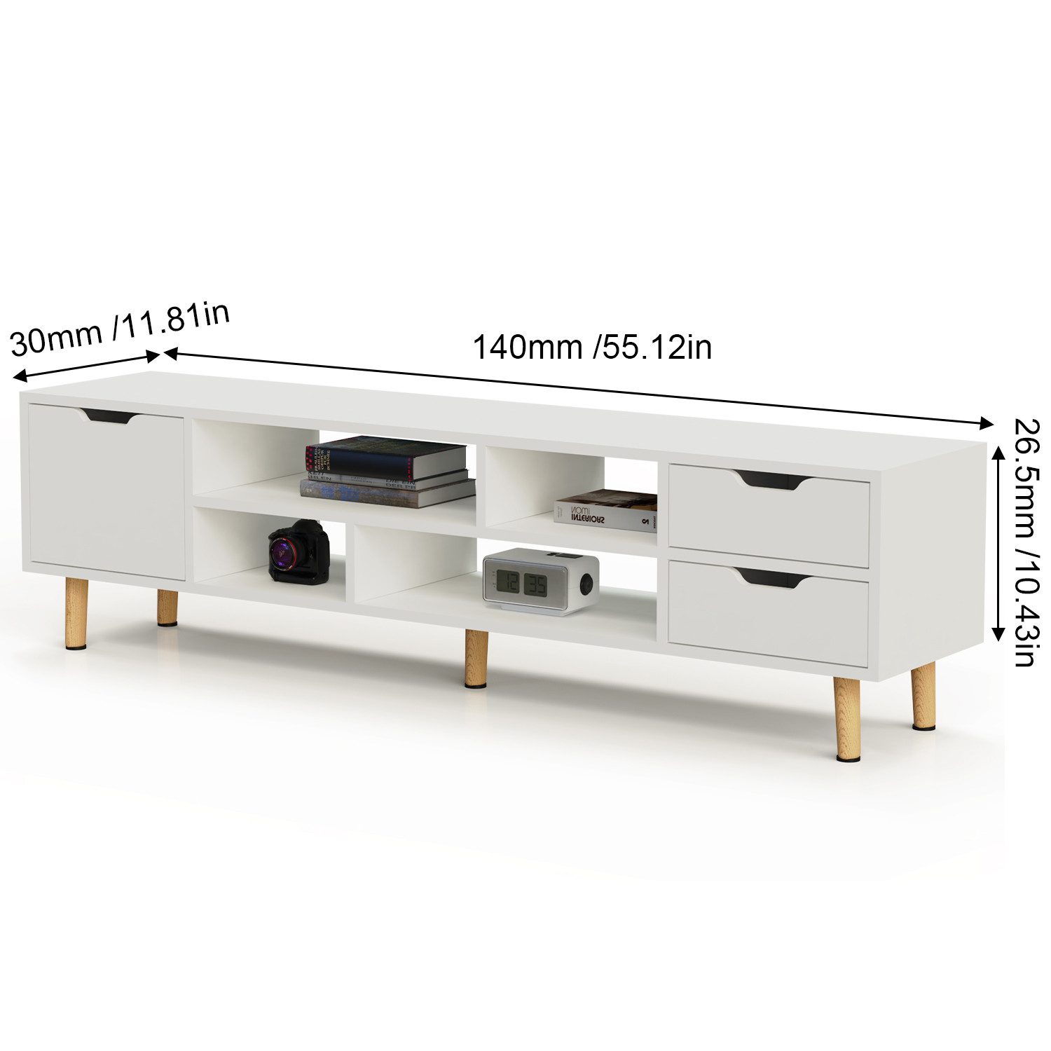 Lowboard Moderne TV Schrank mit Beinen, grifflose TV-Board Weiß Lowboard 140cm