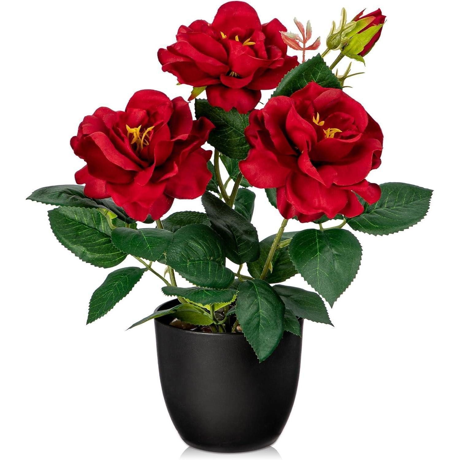 Kunstblume Kunstblumen Kunstrosen Deko Rote Blumen im Topf 28 cm Büro Hotel Bad, LuxusKollektion