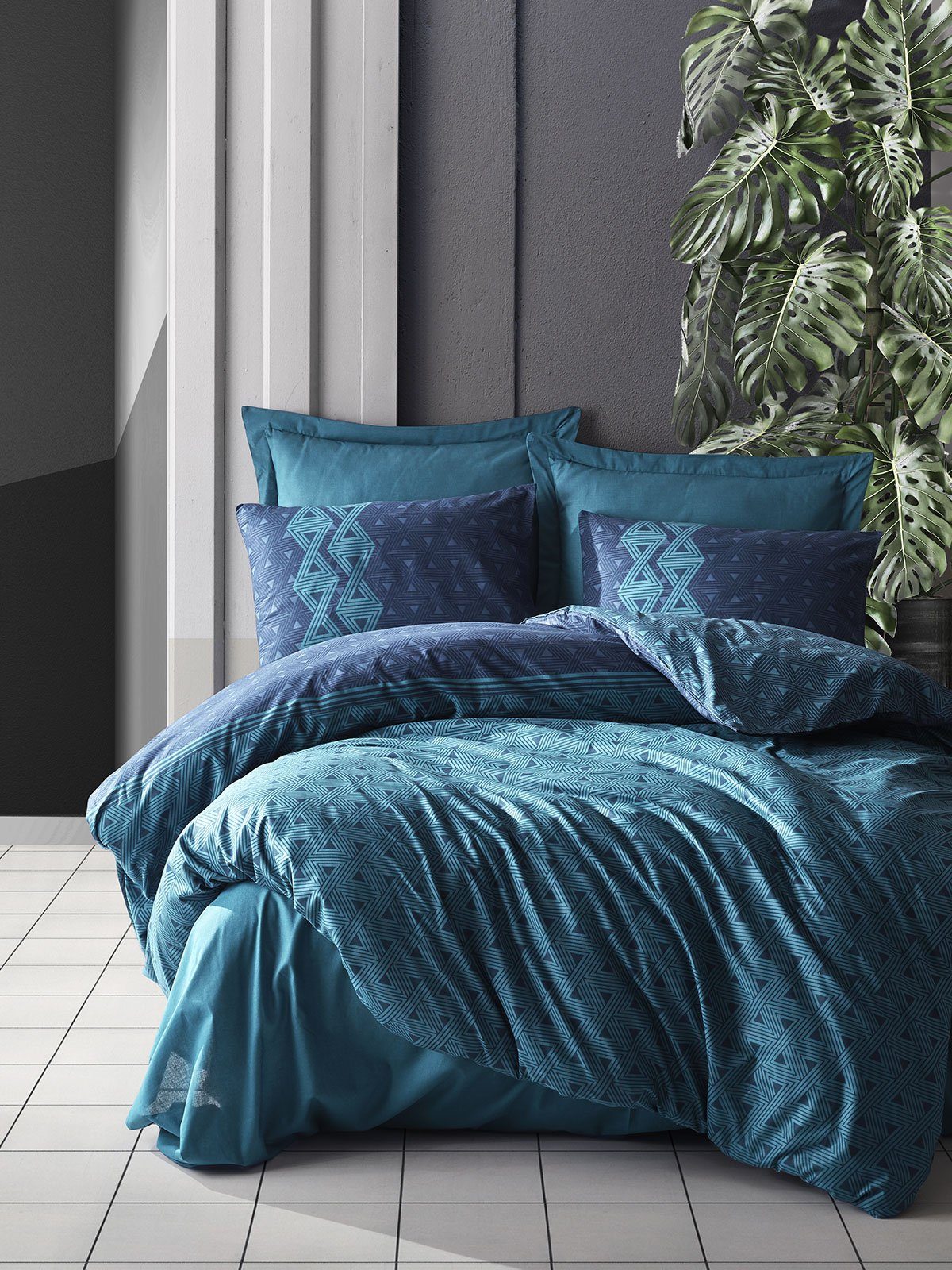 Dunkles Cotton Baumwolle, Geometrisches Bettwäsche Petrol, Renforcé 3 Box, aus Design Leicht Bettwäsche natürlicher und Renforcé-Baumwolle teilig, 100% Bettwäsche-Set atmungsaktiv