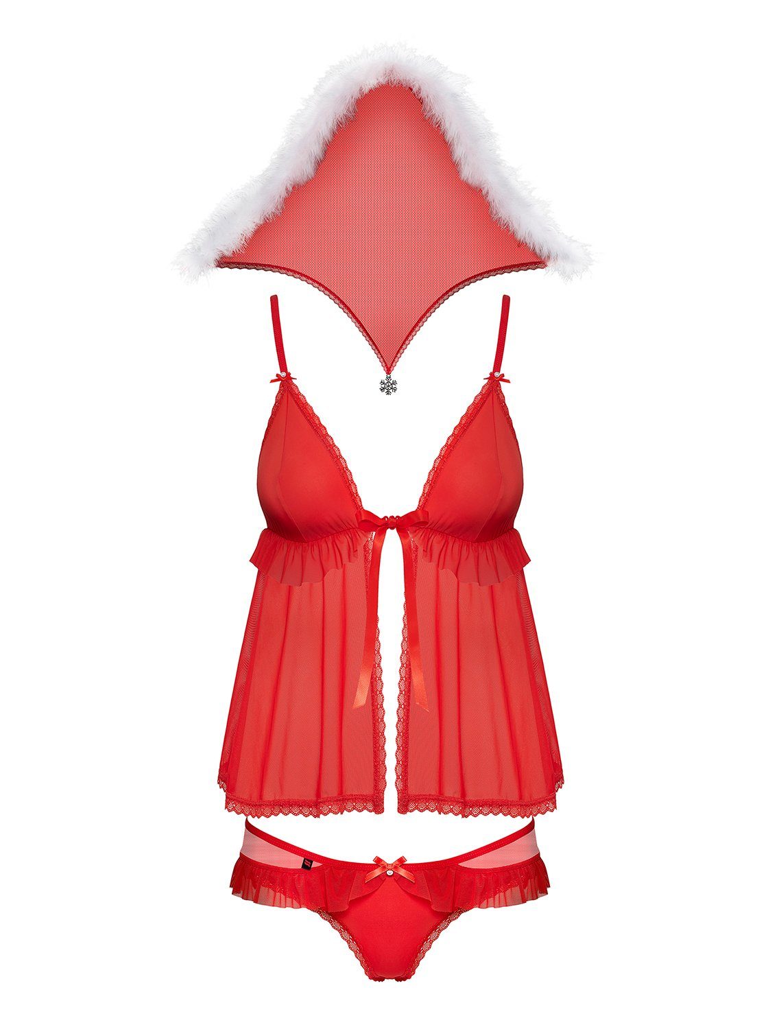 Kapuze 3-tlg. Xmas-Outfit Weihnachtskostüm in Babydoll EU Obsessive Made mit Negligé