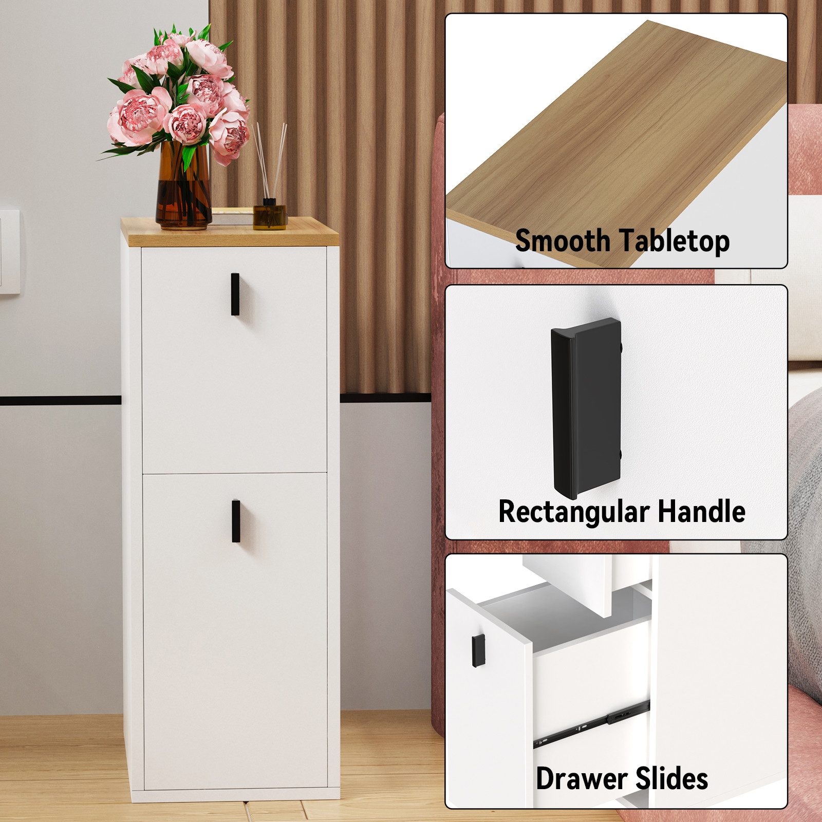 JEOBEST Nachttisch Nachtschrank Beistelltisch mit 2 Schubladen, Schmal, Moderner Nachtkommode für Schlafzimmer 25x50x70cm – Bild 2 von 5