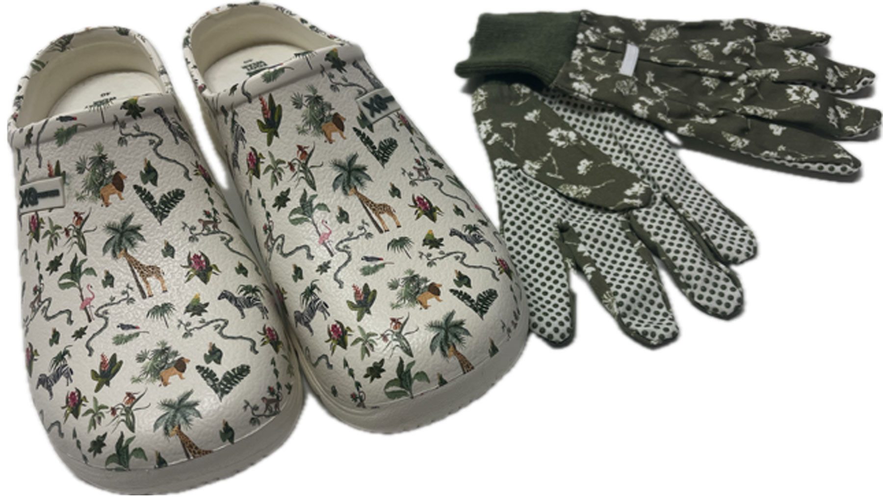 Steinnacher Bärbel Damen Gartenclogs Safari creme mit passenden Gartenhandschuhen Clog