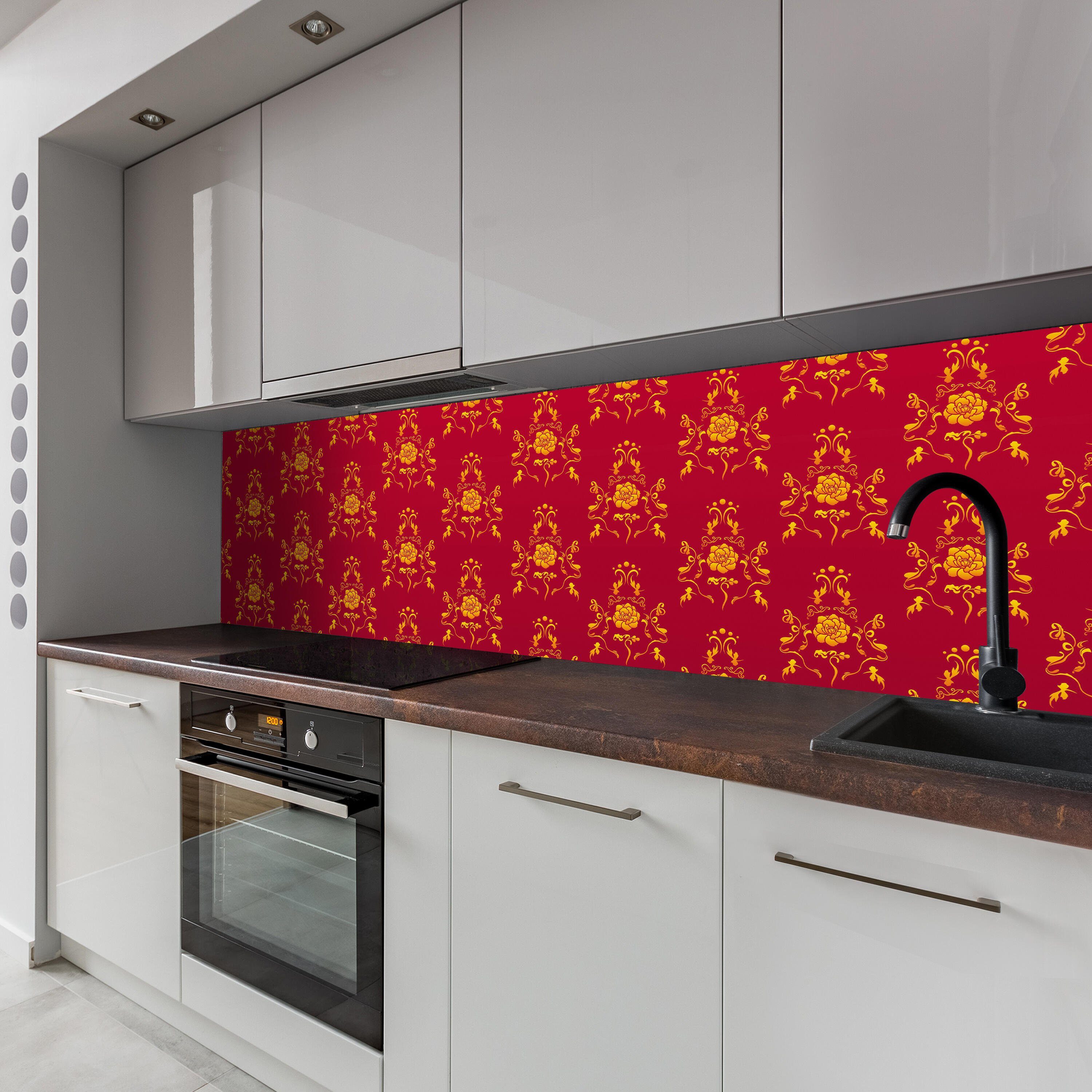 wandmotiv24 Küchenrückwand Hartschaum Rot (1-tlg), Muster, Barock Nischenrückwand Premium Größen in versch