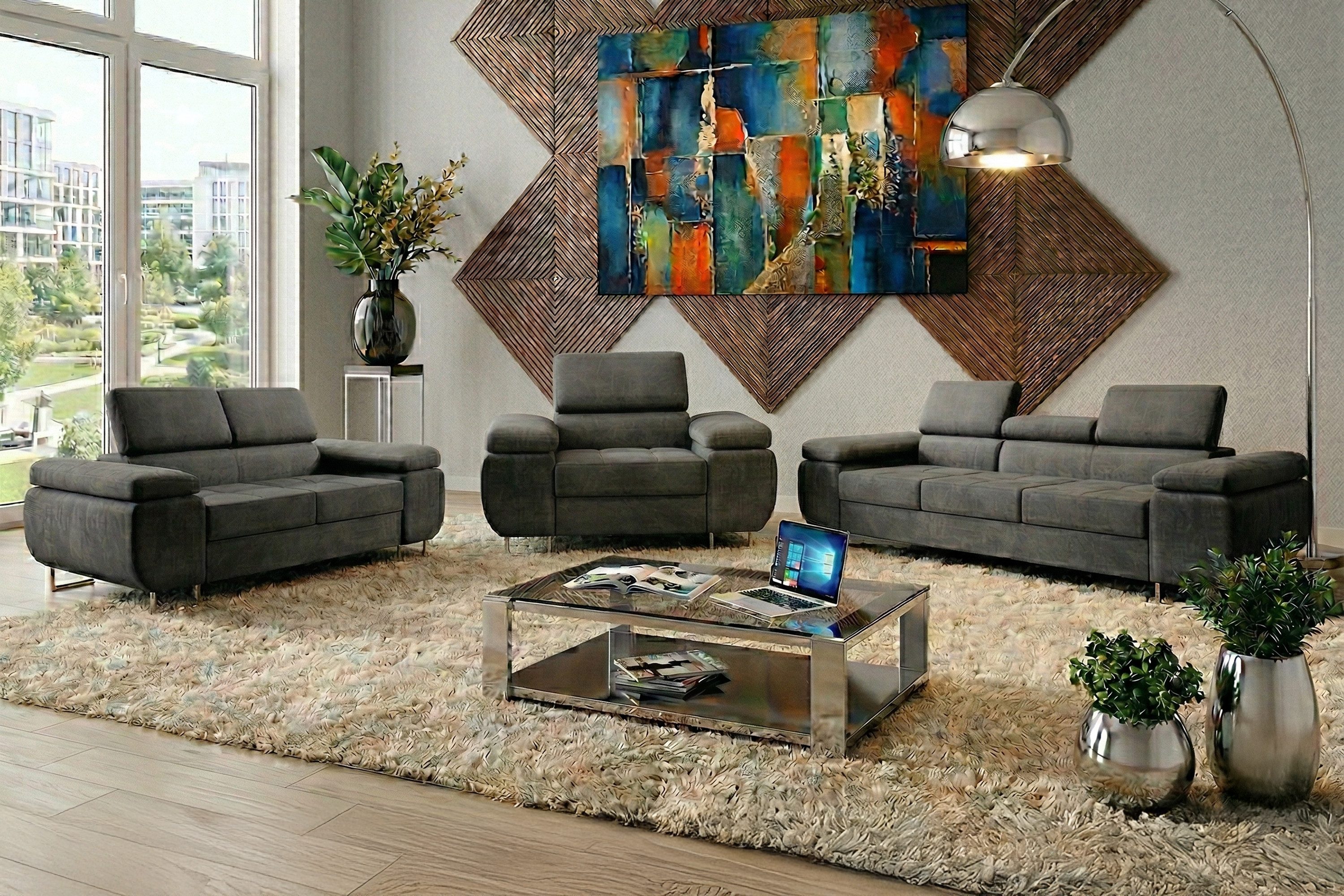 M-Punkt24 Polstergarnitur Sofa Wohnlandschaft DUBAI, (3-3-1, mit Bettfunktion, XL Sofa-Set, Bigsofa, Samt, Anthrazit, Grau), Bestehend aus 3-Sitzer mit Bettfunktion, 2-Sitzer, Sessel