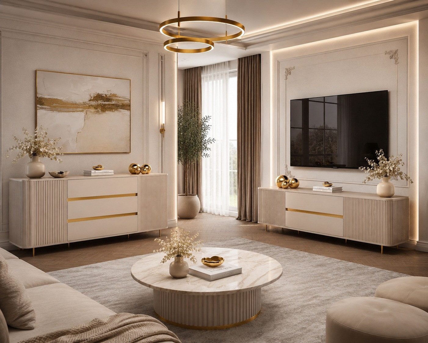 ALLHOUSE24 Wohnzimmer-Set MIRACLE V - Kommode & TV-Lowboard 180 Sandbeige mit goldenen Akzenten, (2-St., Das Set besteht aus: Kommode, TV Schrank), Breite: Kommode: 180 cm, TV-Schrank: 180 cm