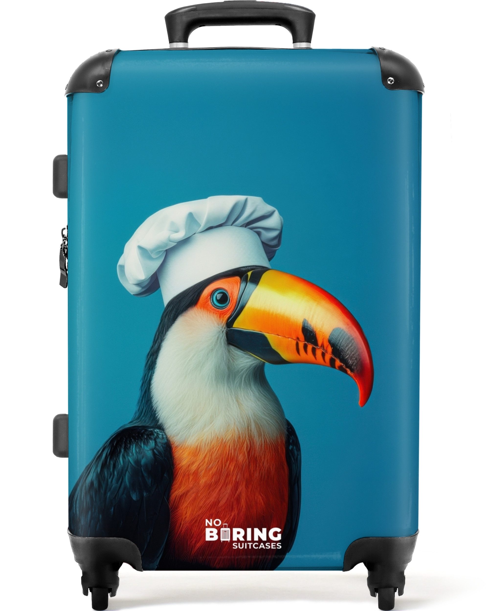 NoBoringSuitcases.com© Hartschalen-Trolley Tukan mit Kochmütze auf günstig online kaufen