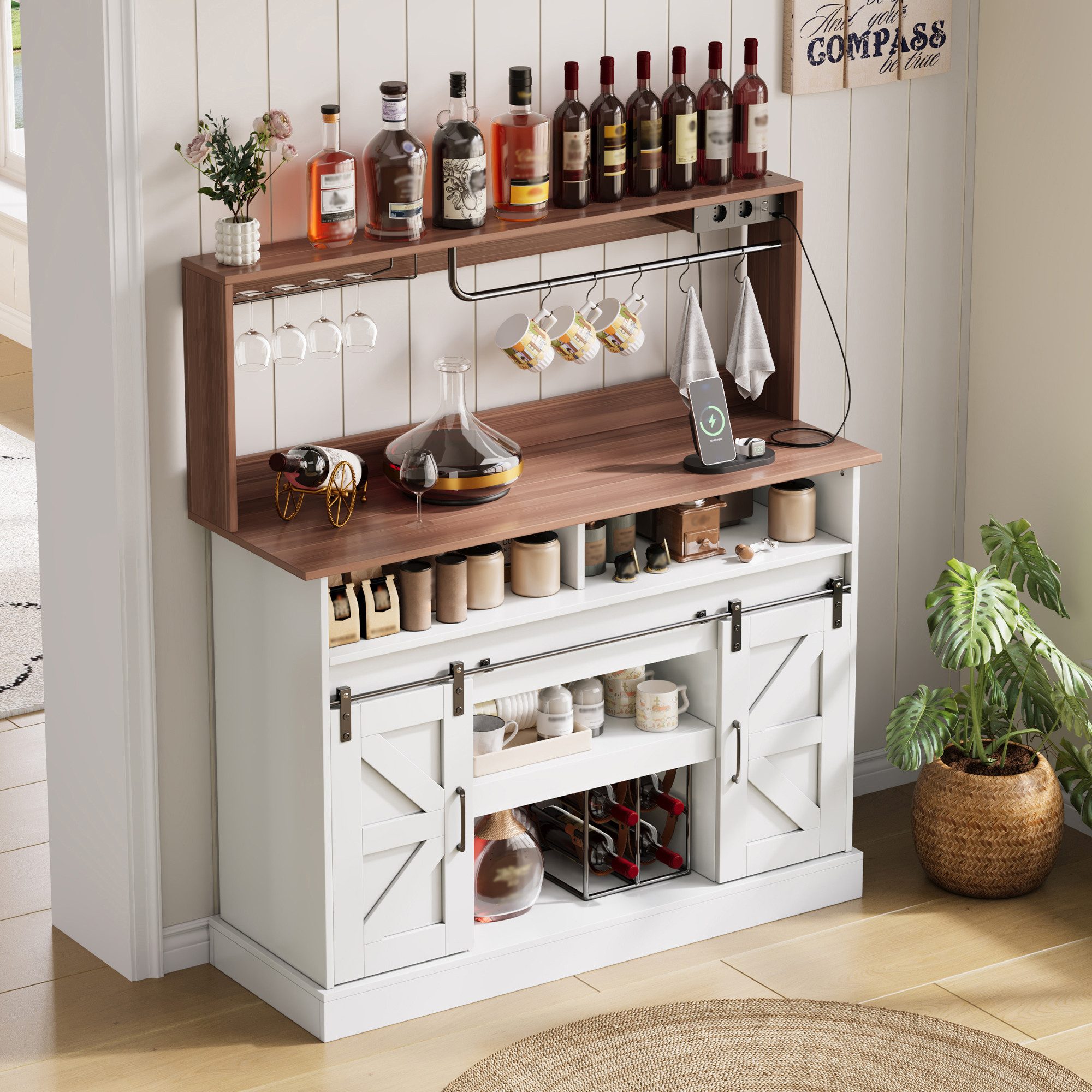 Flieks Küchenbuffet mit Gläserhalter, Haken und Steckdosen (120x40x130 cm, 1-St., mit verstellbarer Einlegeböden) Hochschrank Küchenschrank mit Schiebetüren im Landhausstil Weiß