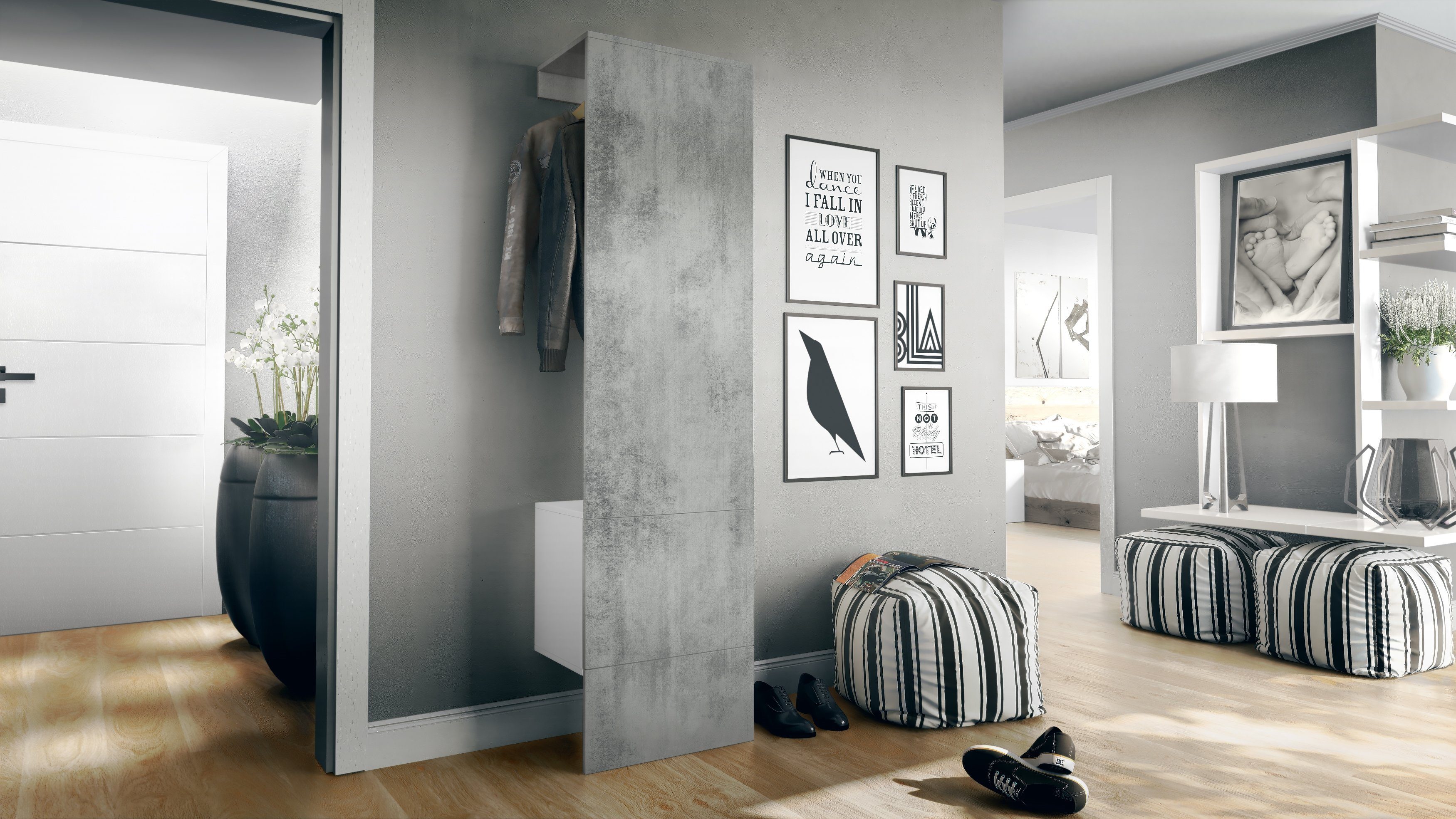 Vladon Garderoben-Set Carlton Set 5, (Wandgarderobe bestehend aus, mit integrierter Tür und 1 Kleiderstange), Weiß matt/Beton Oxid Optik (52 x 193 x 35 cm)