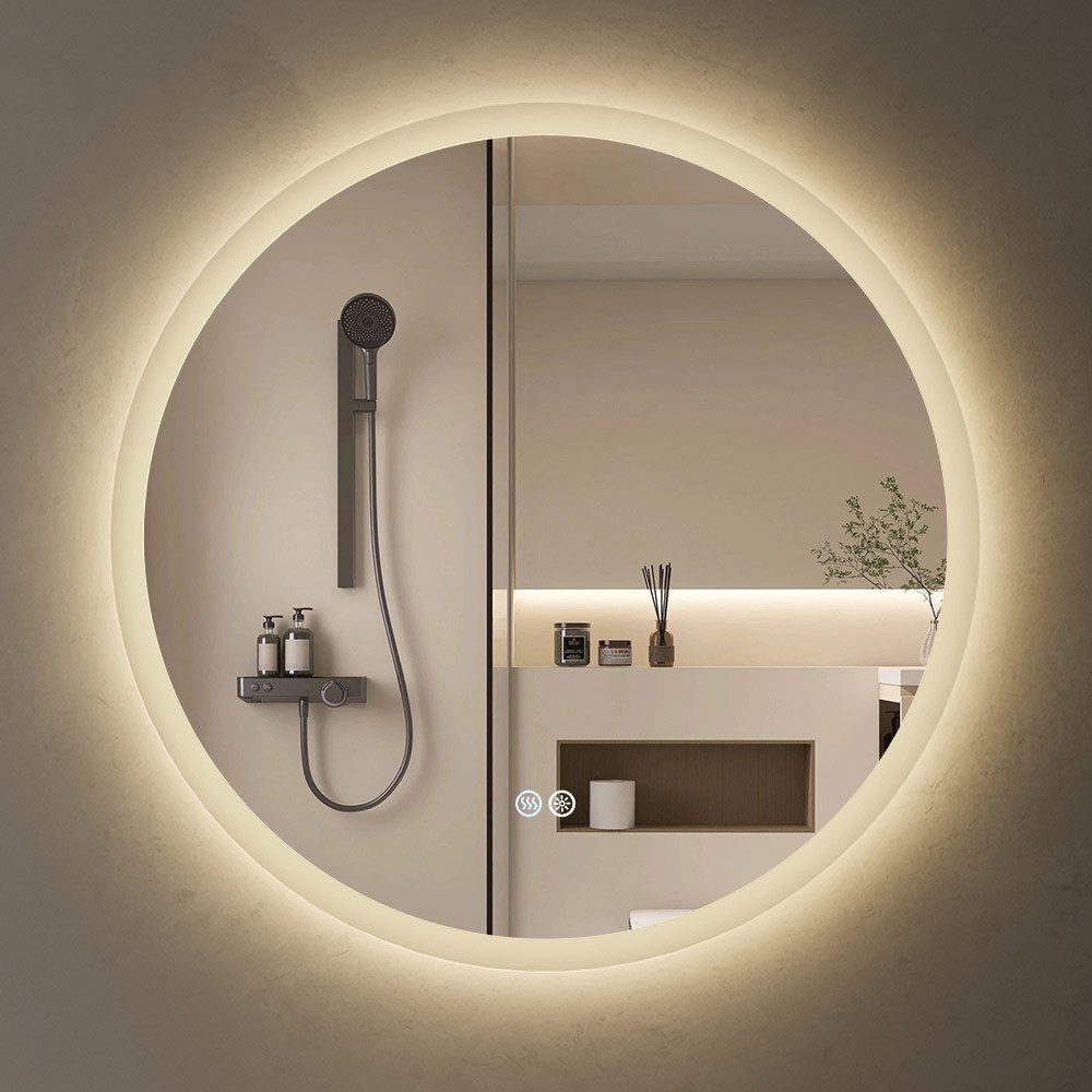 HOROW Badspiegel LED Badspiegel rund, 3 Lichtfarben, dimmbar, Anti-Beschlag (Kaltweiß/Neutralweiß/Warmweiß Licht, Dimmbar, Memory Funktion, IP44, Rund Spiegel), Dimmbar, Antibeschlag ohne Rahmen Wandspiegel, Energiesparend