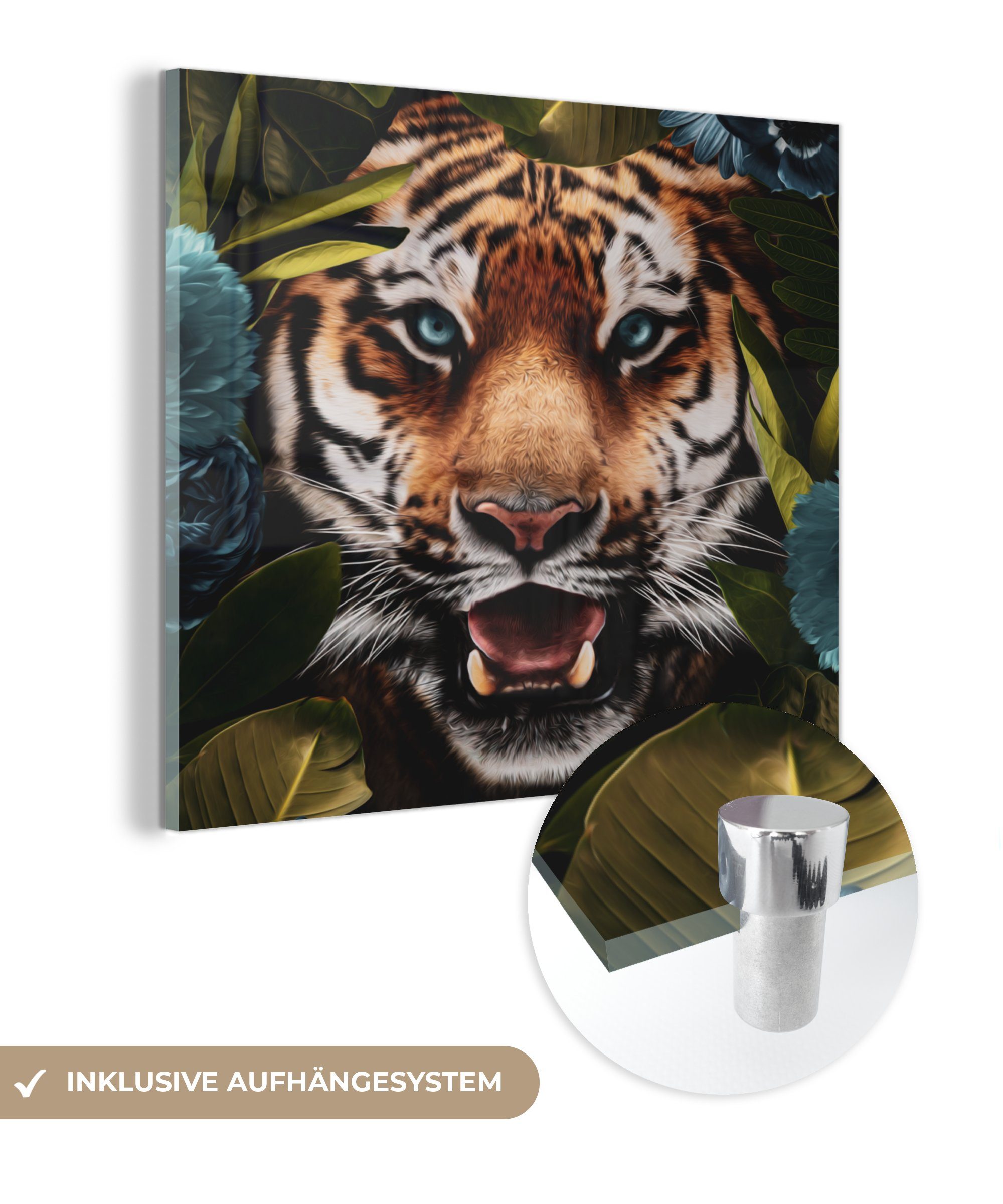 MuchoWow Acrylglasbild Tiger - Dschungel - Blumen, (1 St), Glasbilder - Bilder auf Glas Wandbild - Foto auf Glas - Wanddekoration