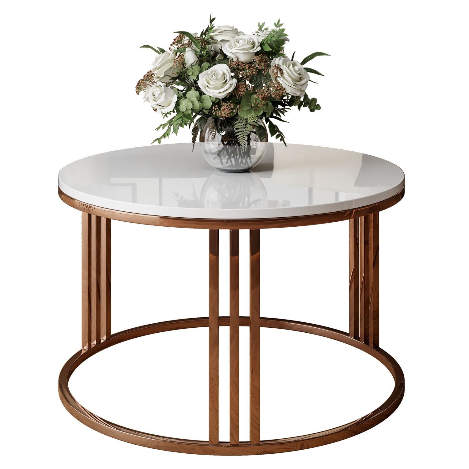 Lookway Couchtisch LORI Hochglanz Runder Couchtisch mit Kupfergestell (1x Tisch), Durchmesser: ⌀70 cm