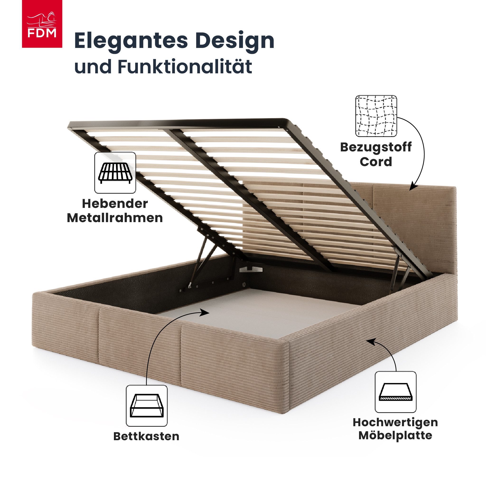 FDM Polsterbett AMBER modern mit Bettkasten MADE IN EU - mit Cord Bezug (verfügbar 90x200 120x200 140x200 160x200 180x200cm, Bettrahmen, Bett, mit großen gepols – Bild 3 von 5