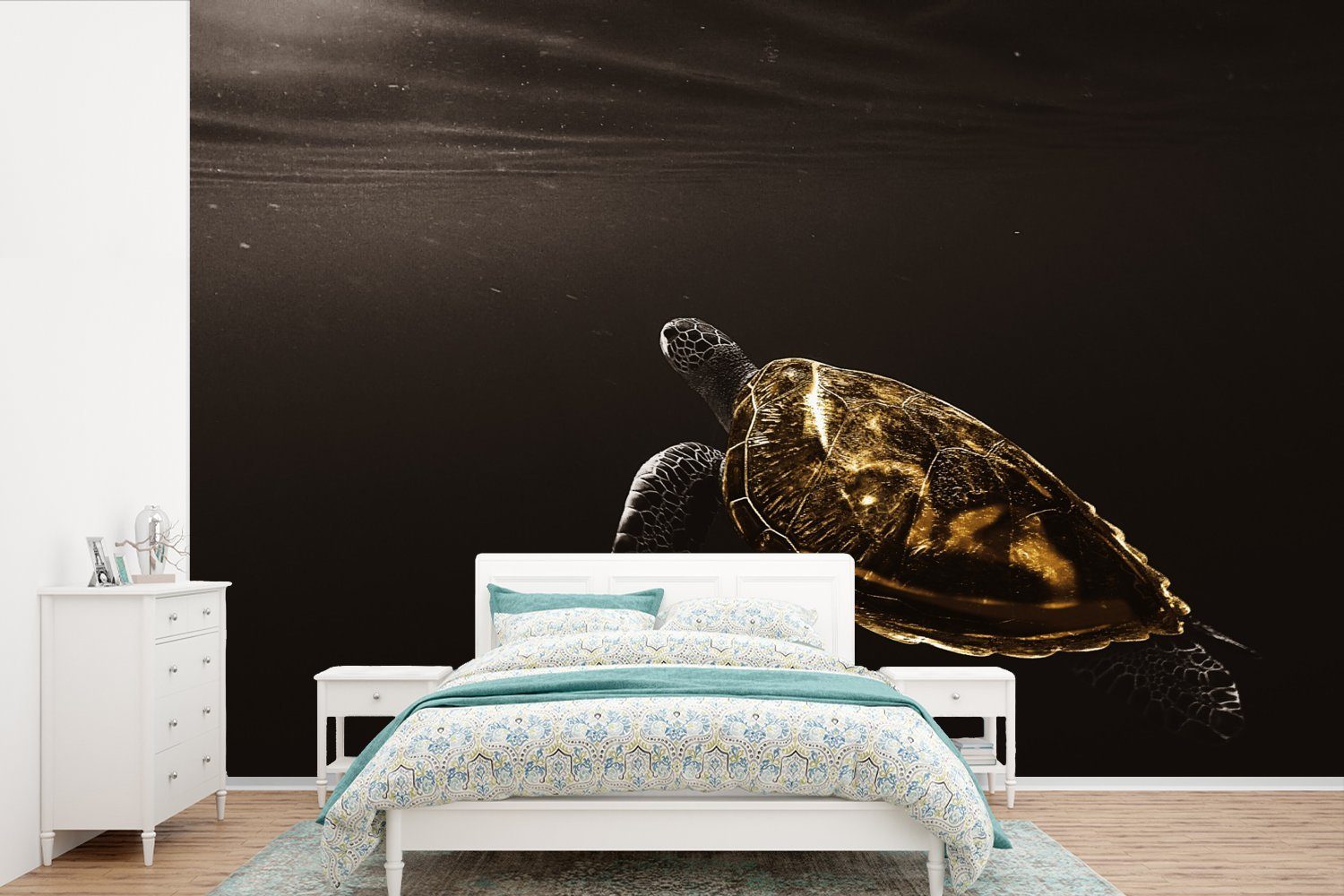 MuchoWow Fototapete Schildkröte - Schwarz - Gold, Matt, bedruckt, (6 St), Wallpaper für Wohnzimmer, Schlafzimmer, Kinderzimmer, Vinyl Tapete | Fototapeten