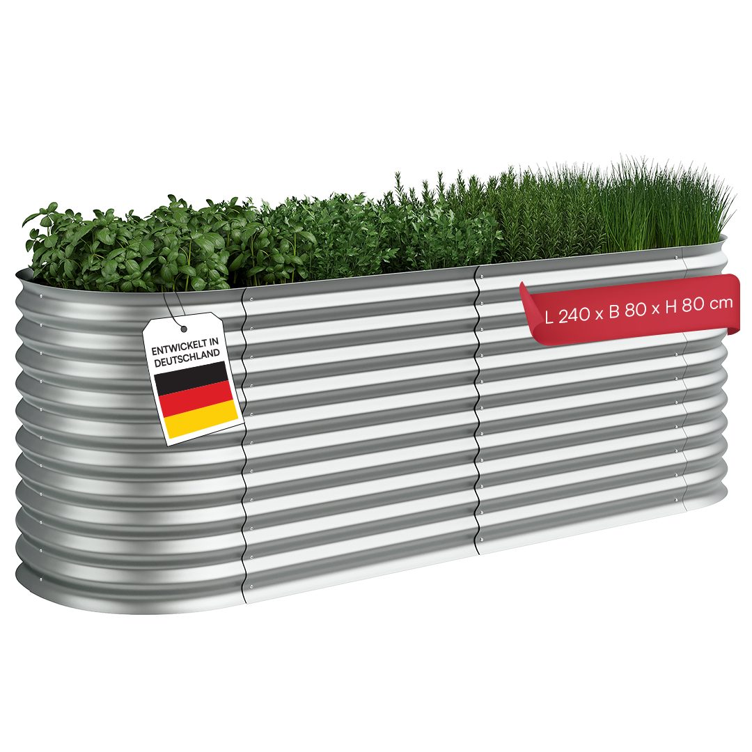 STEELSØN Hochbeet Hydra aus verzinktem Stahl-Wellblech (240 cm breit, Silber), Gemüsebeet mit offener Bodenstruktur