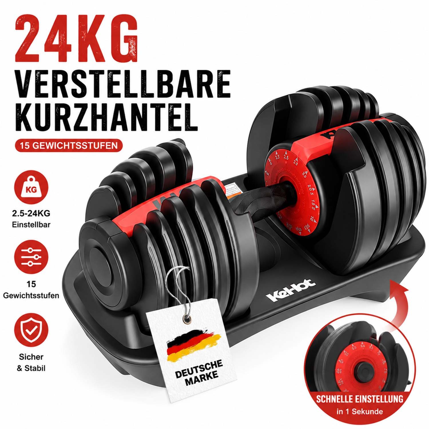 kehot Hantel-Set Verstellbare Kurzhantel 24 kg mit 15 Gewichtsstufen, (Einhand-Schnellverstellung mit stabiler Ablage, Kompaktes Hantelset für effektives Home-Gym Krafttraining), 2,5–24 kg Anpassung für Anfänger und Fortgeschrittene