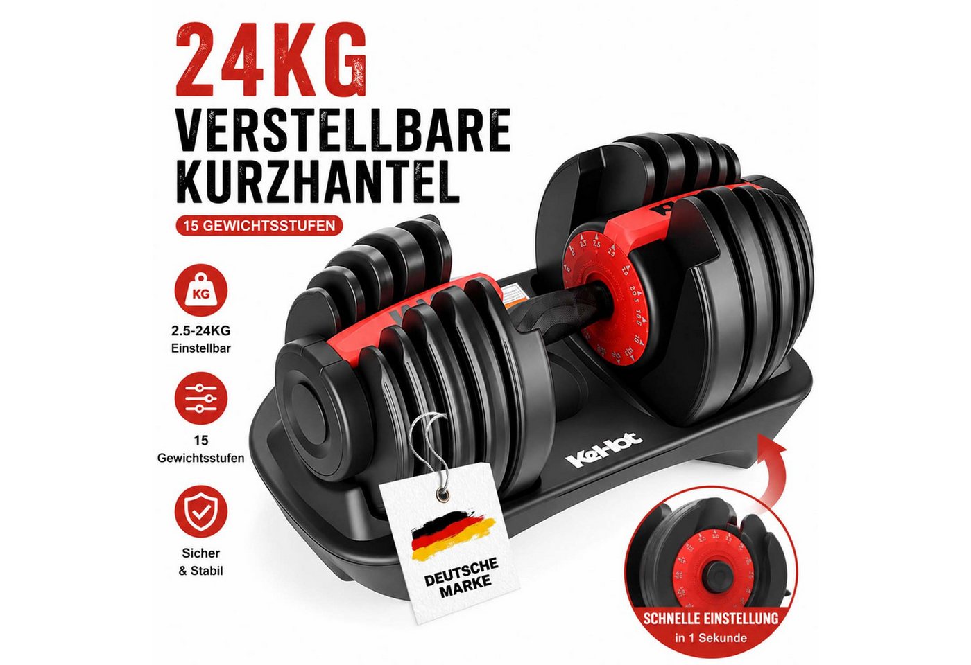kehot Hantel-Set Verstellbare Kurzhantel 24 kg mit 15 Gewichtsstufen, (Einhand-Schnellverstellung mit stabiler Ablage, Kompaktes Hantelset für effektives Home-Gym Krafttraining), 2,5–24 kg Anpassung für Anfänger und Fortgeschrittene
