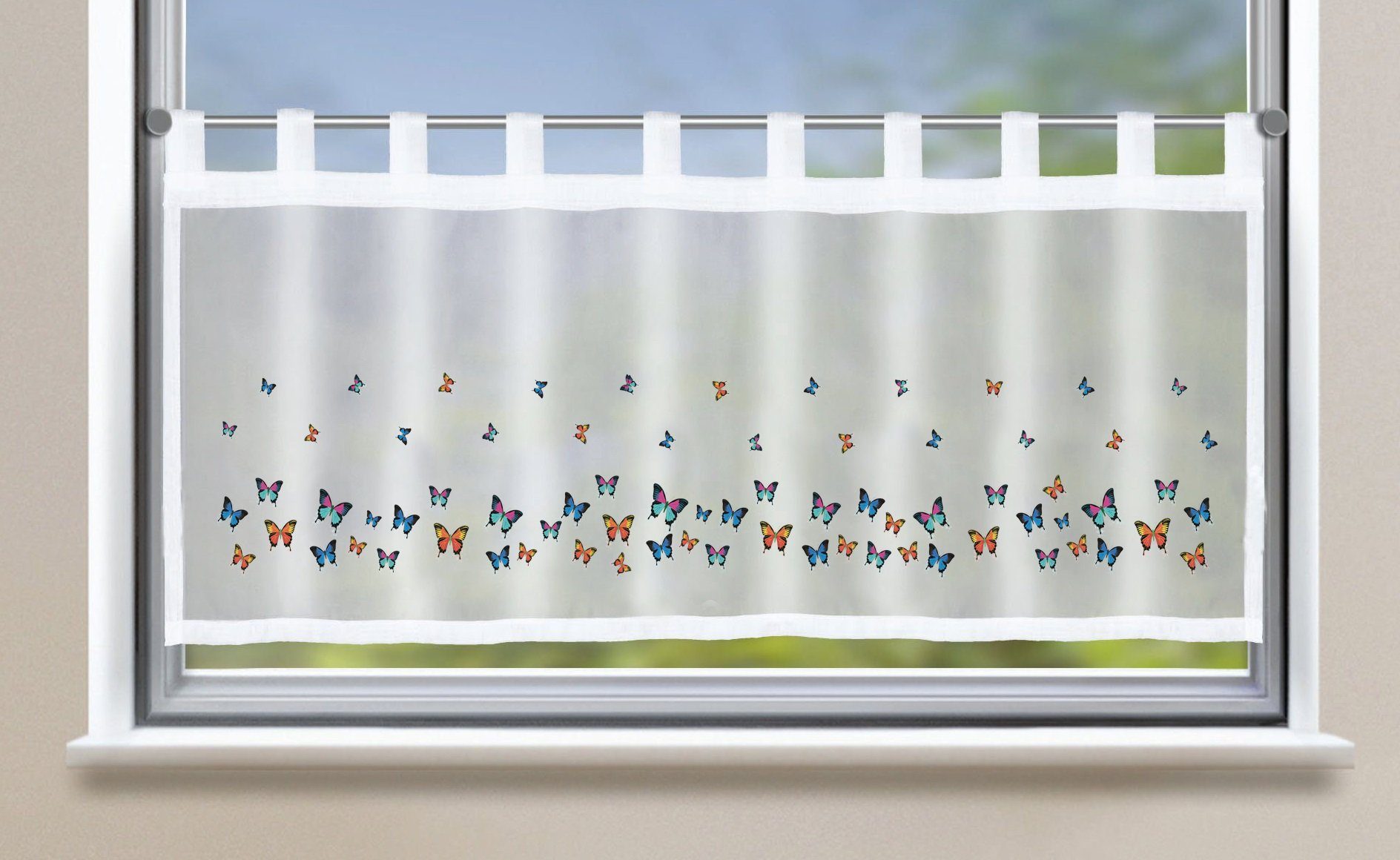Scheibengardine, Gardinenbox, Schlaufen (1 St), halbtransparent, Bistrogardine »Bodrum« Voile Küchenfenster 2022410 Schmetterling Bunt