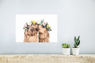 MuchoWow Poster Alpaka - Blumen - Tiere - Natur, (1 St), Poster, Wandbild, Wandposter für Wohnzimmer, Ohne Rahmen