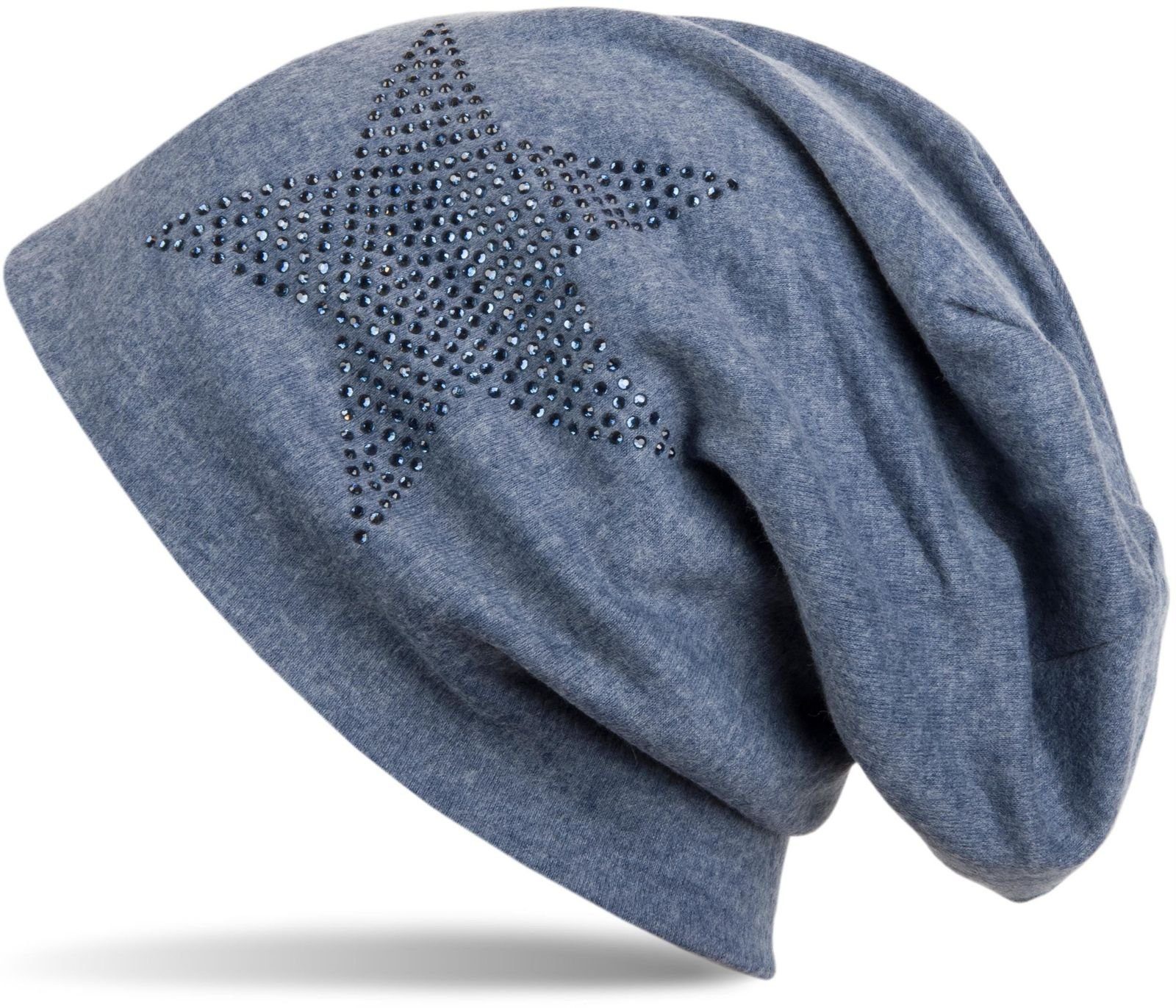 styleBREAKER Beanie (1-St) Warme Beanie Mütze mit Strass Stern Jeansblau-Blau