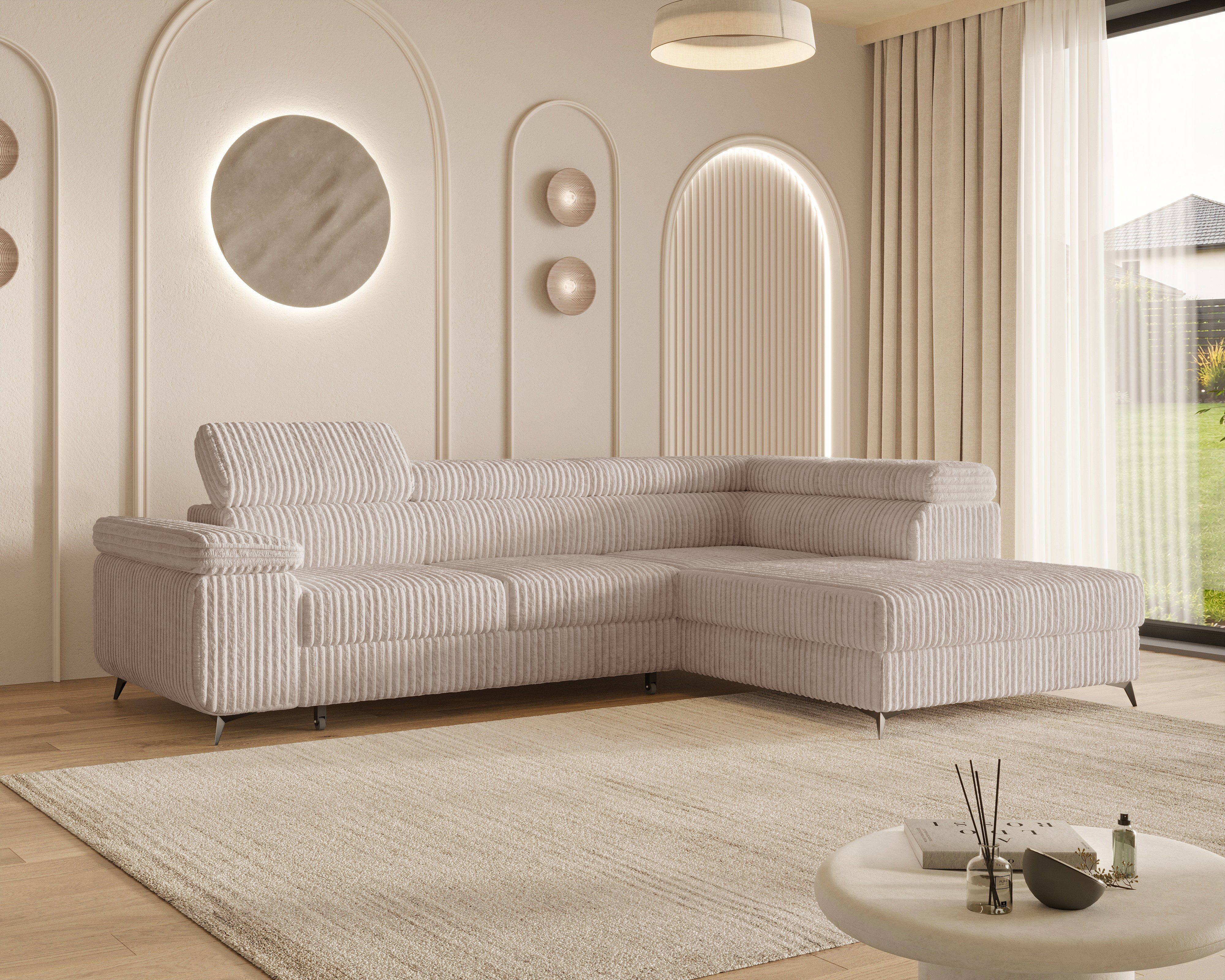 MOEBLO Ecksofa OSTIN, 290 cm – Modernes L-Sofa mit Schlaffunktion, Bettkasten und verstellbaren Kopfstützen, Cord oder Strukturstoff, - (BxHxT): 290 x 75–90 x 202 cm