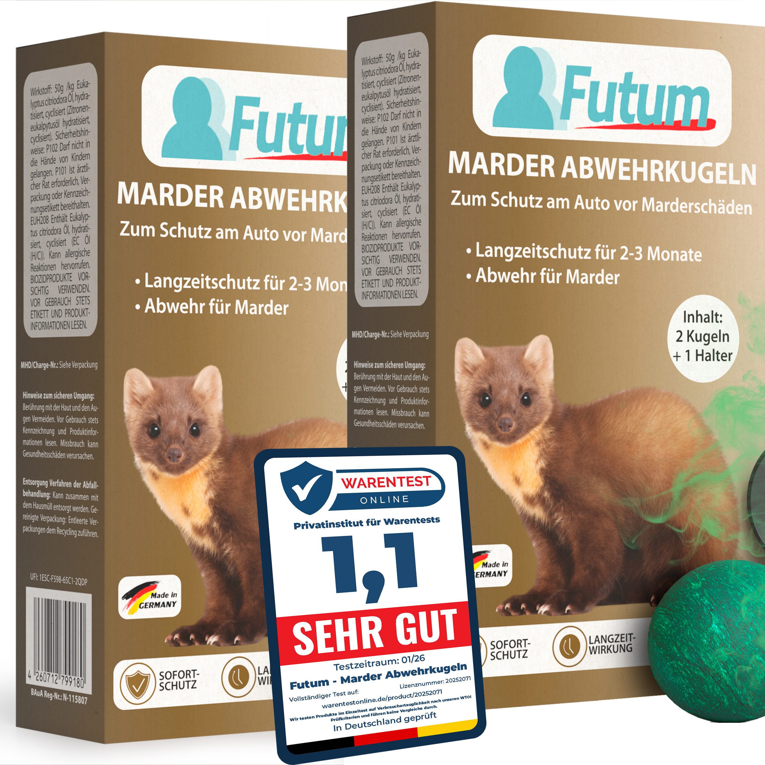 FUTUM Vergrämungsmittel 2x2er Set + 2 Halter Marderkugeln gegen Marder für Auto Marderschutz, 4-St., Marderabwehr