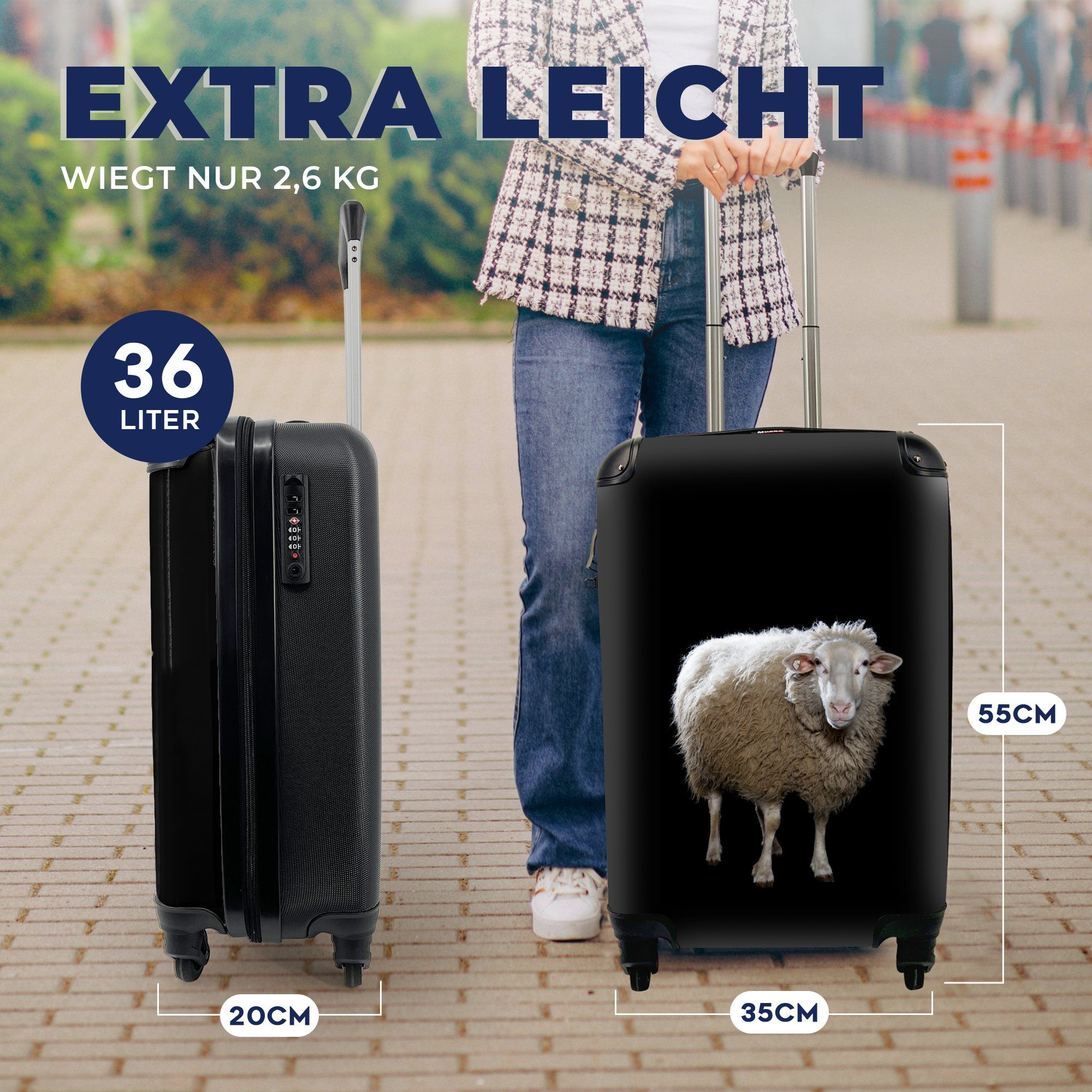 4 mit Handgepäck Reisetasche - MuchoWow Reisekoffer Trolley, Schwarz, für Rollen, Ferien, Schafe - Nutztiere Handgepäckkoffer rollen,