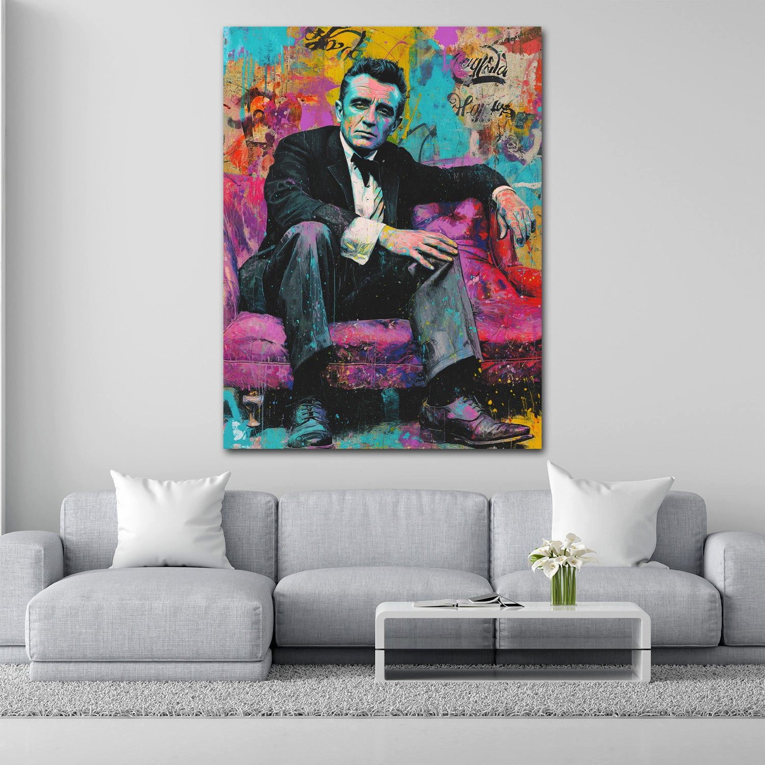 Artedinoi Leinwandbild Pop Art Johnny Porträt auf Sofa Leinwandbild Wandbild Kunstdruck XL Wa, Mann auf Sofa, Porträt