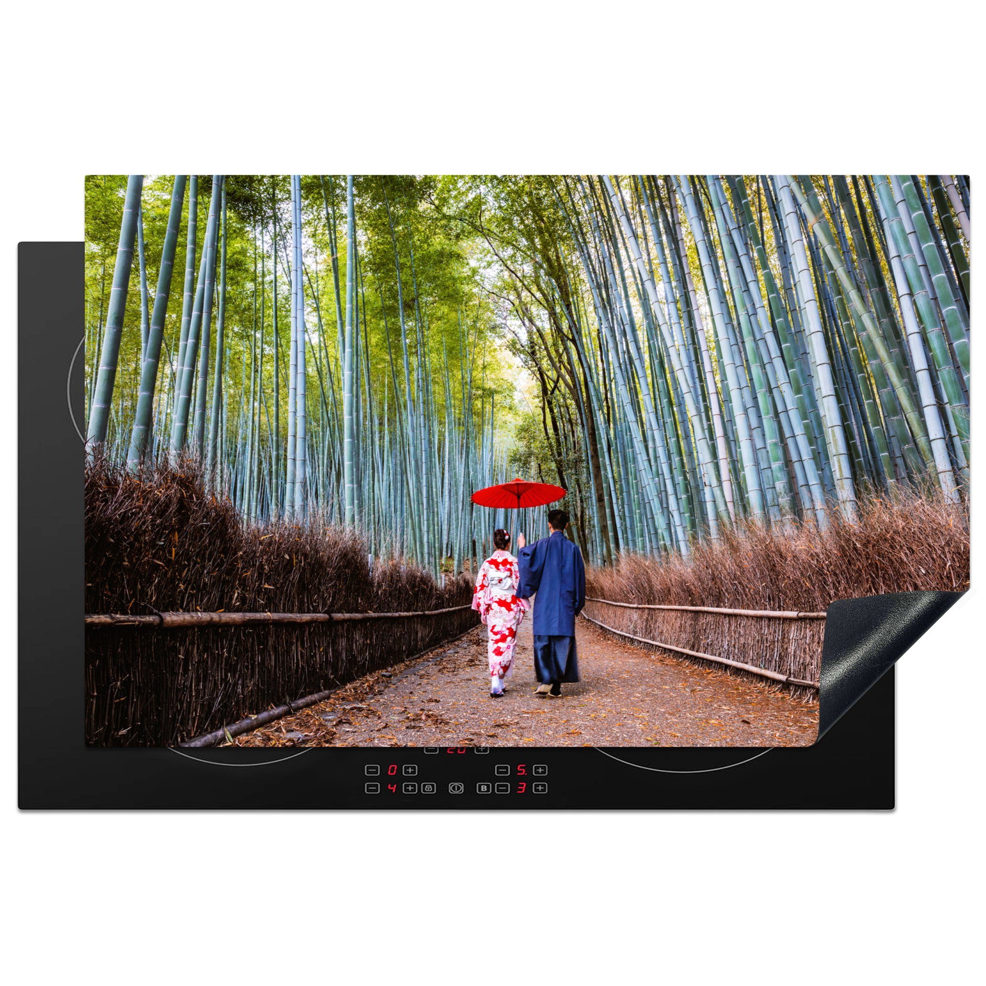 Ceranfeldabdeckung - cm, - MuchoWow Vinyl, Induktionskochfeld Herdblende-/Abdeckplatte die Bambus tlg), (1 Kimono für küche, Japan, Schutz 81x52