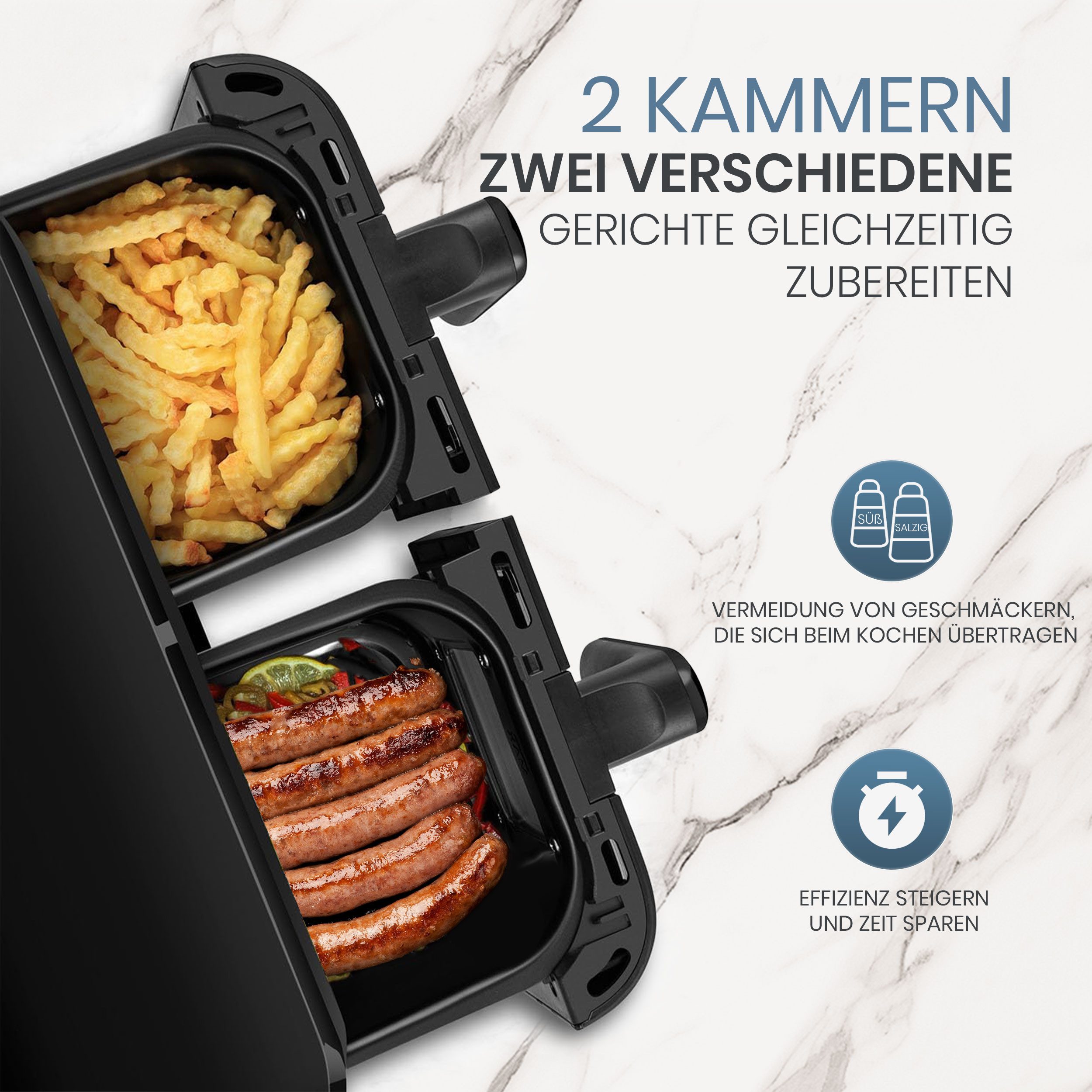 Sinaopus Heißluftfritteuse 10L Dual-Zone Airfryer – Familienessen & Snacks gleichzeitig knusprig garen, 2400 W, 2 Frittierfächer, SYNC, Doppelkochen, 8 Programm – Bild 4 von 5