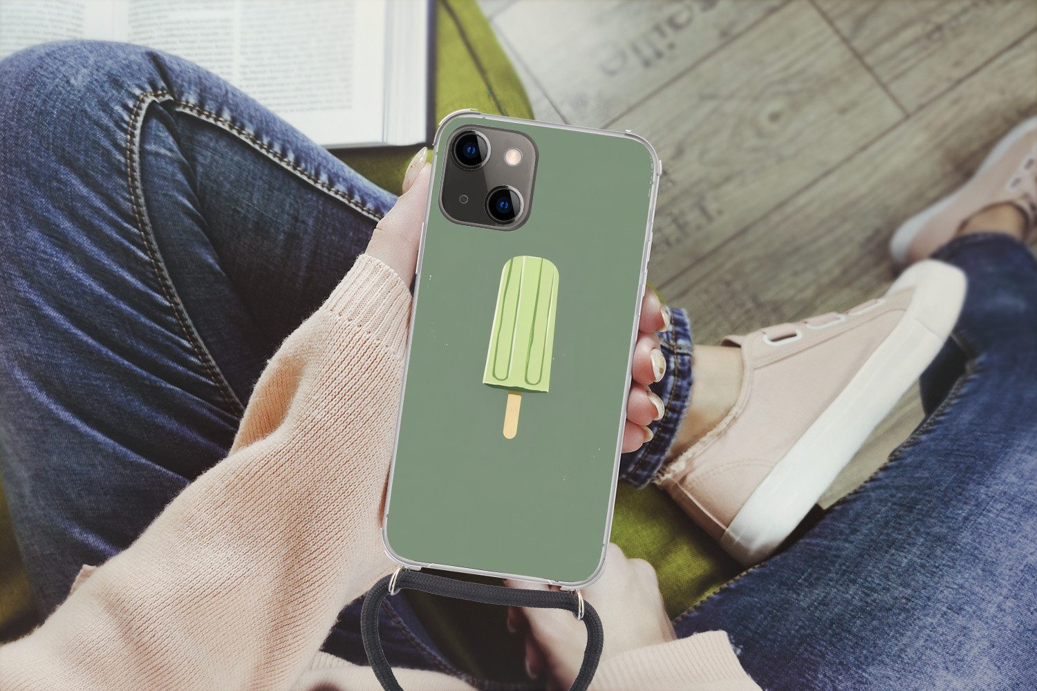 MuchoWow Handyhülle für Apple iPhone 13 Mini Grün - Wassereis - Stock - Illustration, Tragbare Handyhüllen mit Kette zum umhängen, Handykette Handyband