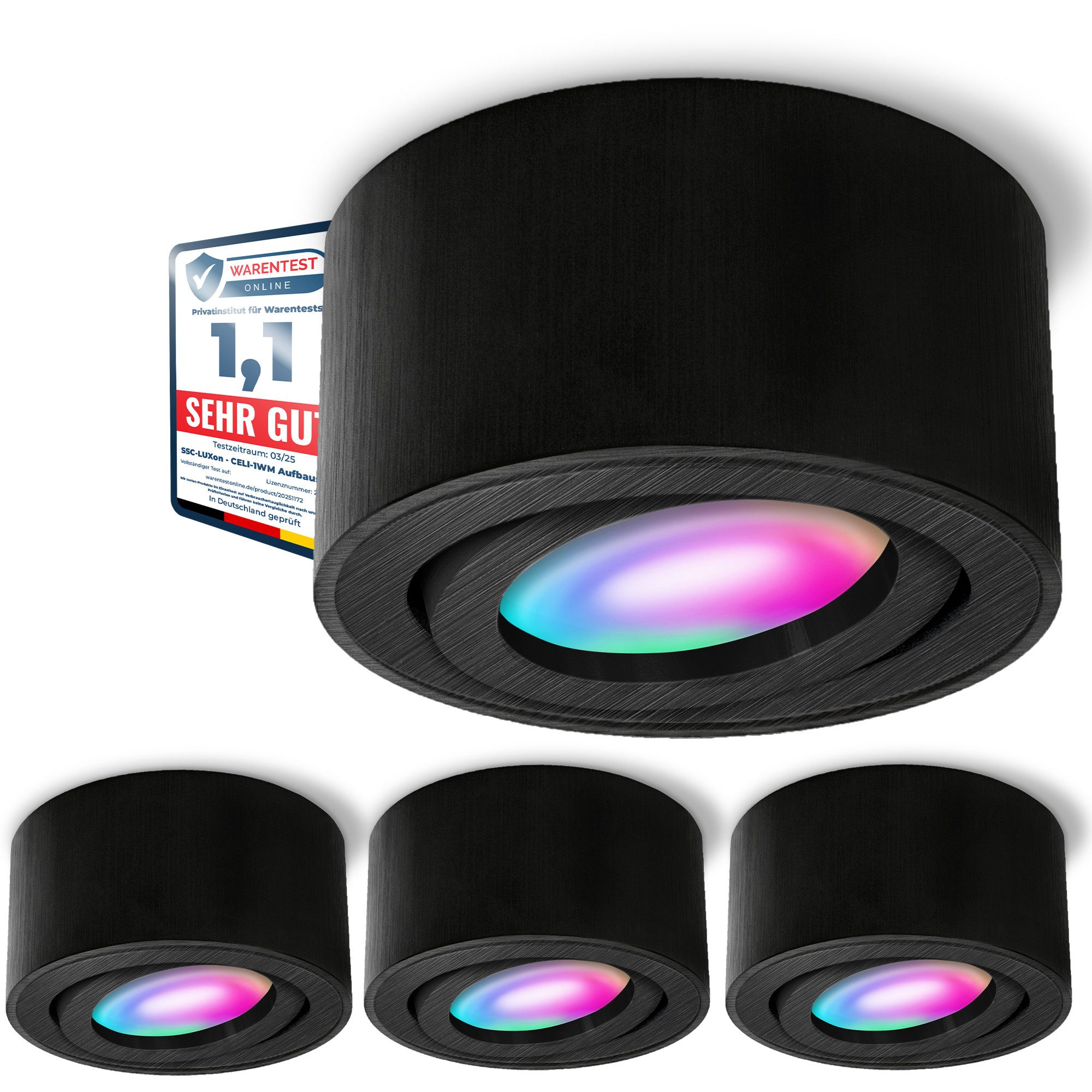 SSC-LUXon LED Aufbaustrahler CELI-1B Aufbauspot flach gebuerstet schwarz schwenkbar mit RGB LED, Warmweiß bis Tageslicht