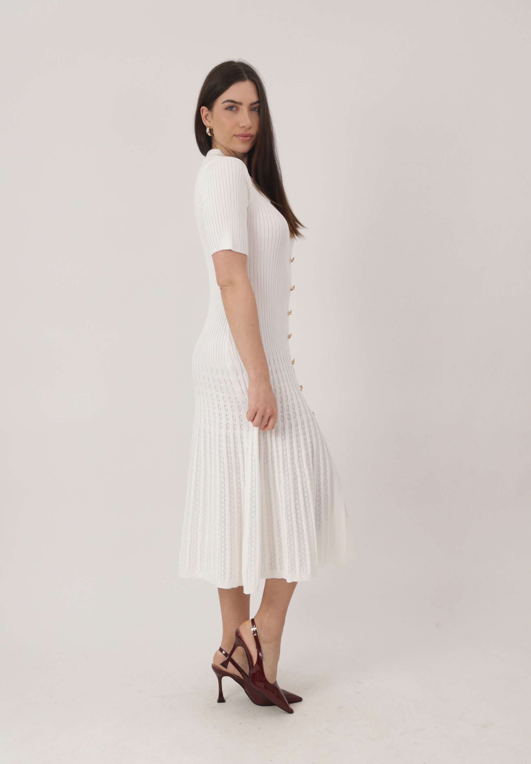 Elara Midikleid Midi Strickkleid Damen mit Polokragen & eleganter Knopfleiste – Bild 2 von 5
