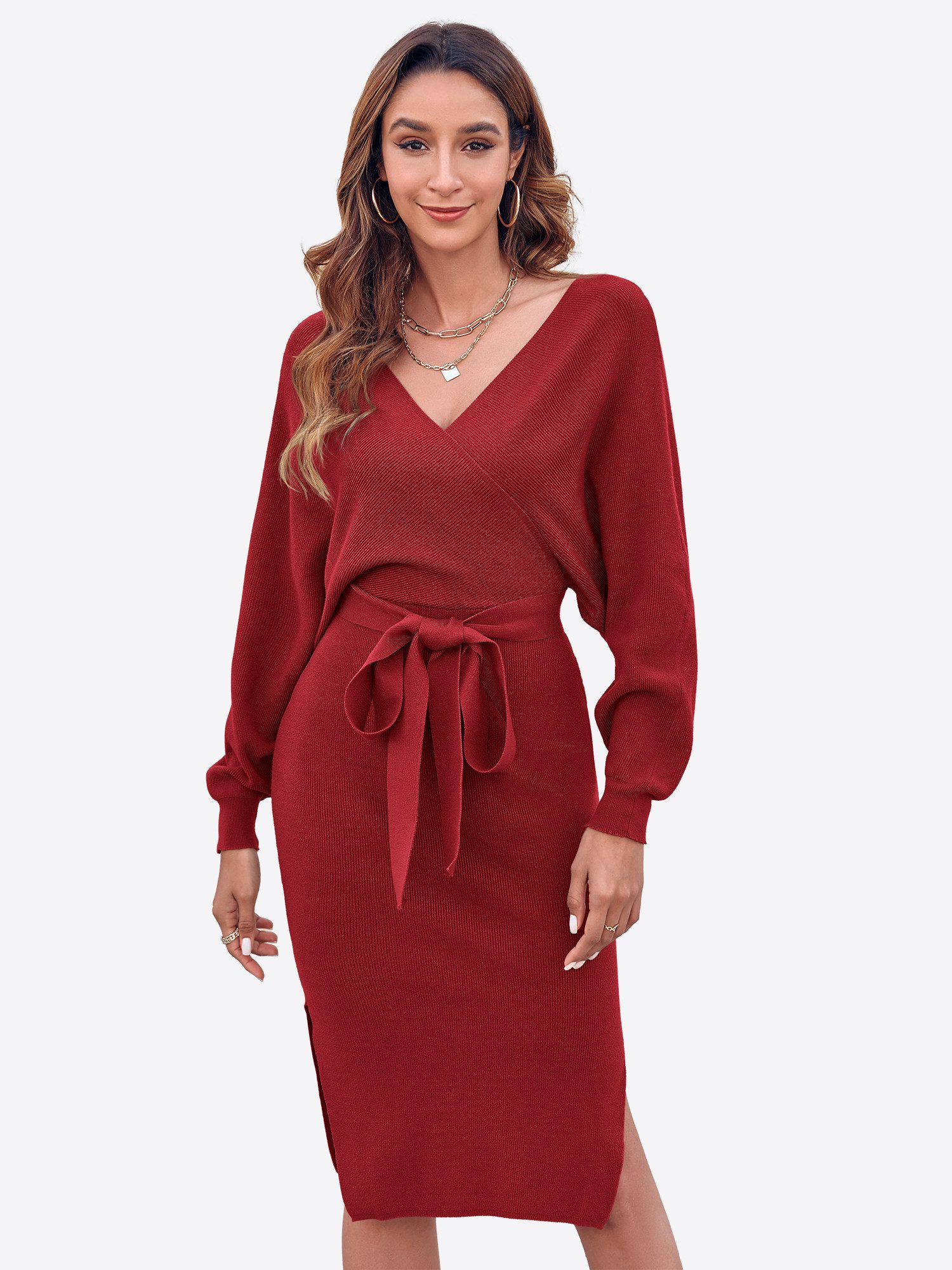 Imily Bela Strickkleid Damen Bodycon-Kleid mit offenem Rücken (Packung, 1-tlg., 1per-Pack) V-Ausschnitt