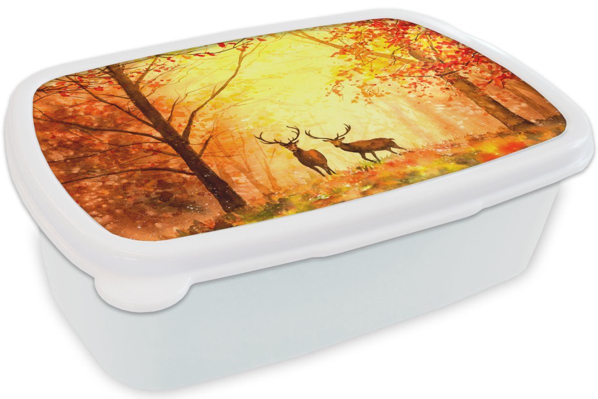 Hirsche Brotbox - (2-tlg), Orange, - MuchoWow - und Ölfarbe Natur für Lunchbox Erwachsene, - - für und weiß Tiere Herbst Kunststoff, Jungs Kinder Brotdose, Mädchen