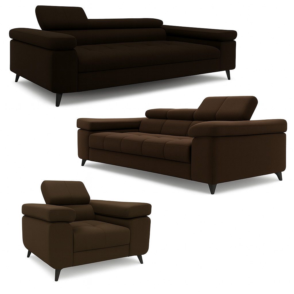 M-Punkt24 Polstergarnitur Sofa 3-2-1 mit Schlaffunktion, (Samtstoff Silbergrau Bigsofa, mit Kopfteilverstellung / Rückenverstellung, Samt-Bezug), bestehend aus 3-Sitzer, 2-Sitzer, Sessel