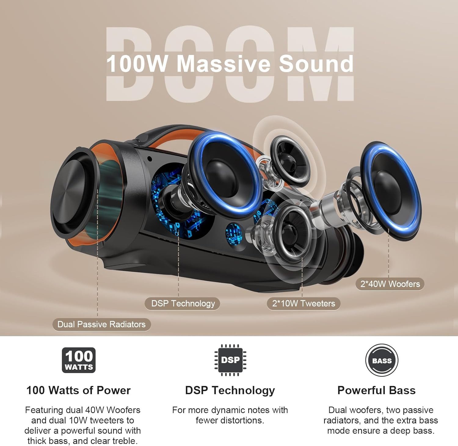 DOSS Bluetooth Lautsprecher, Extreme Boom+ Musikbox Bluetooth mit 100W Bluetooth-Lautsprecher