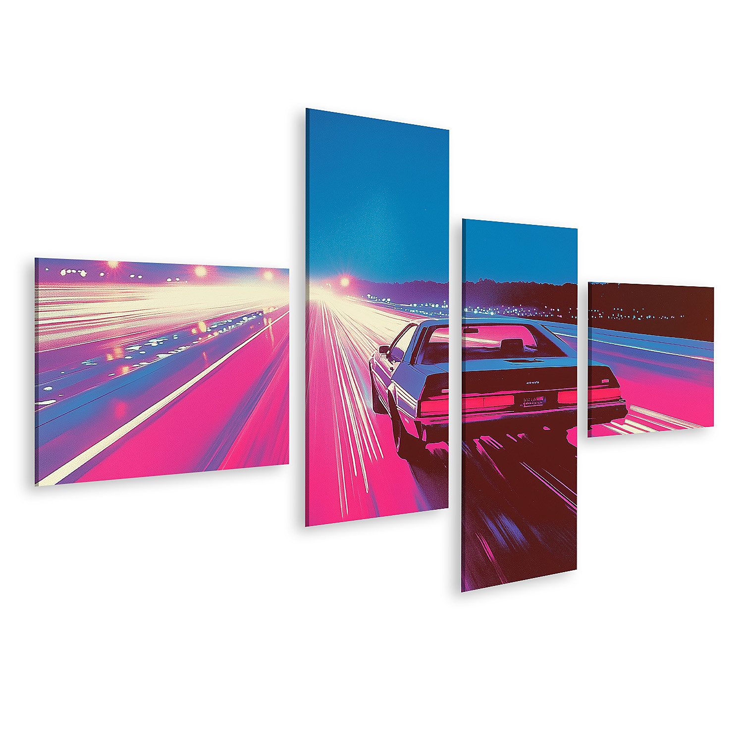 islandburner Leinwandbild Rasantes Retro Auto auf einer beleuchteten Autobahn bei Nacht