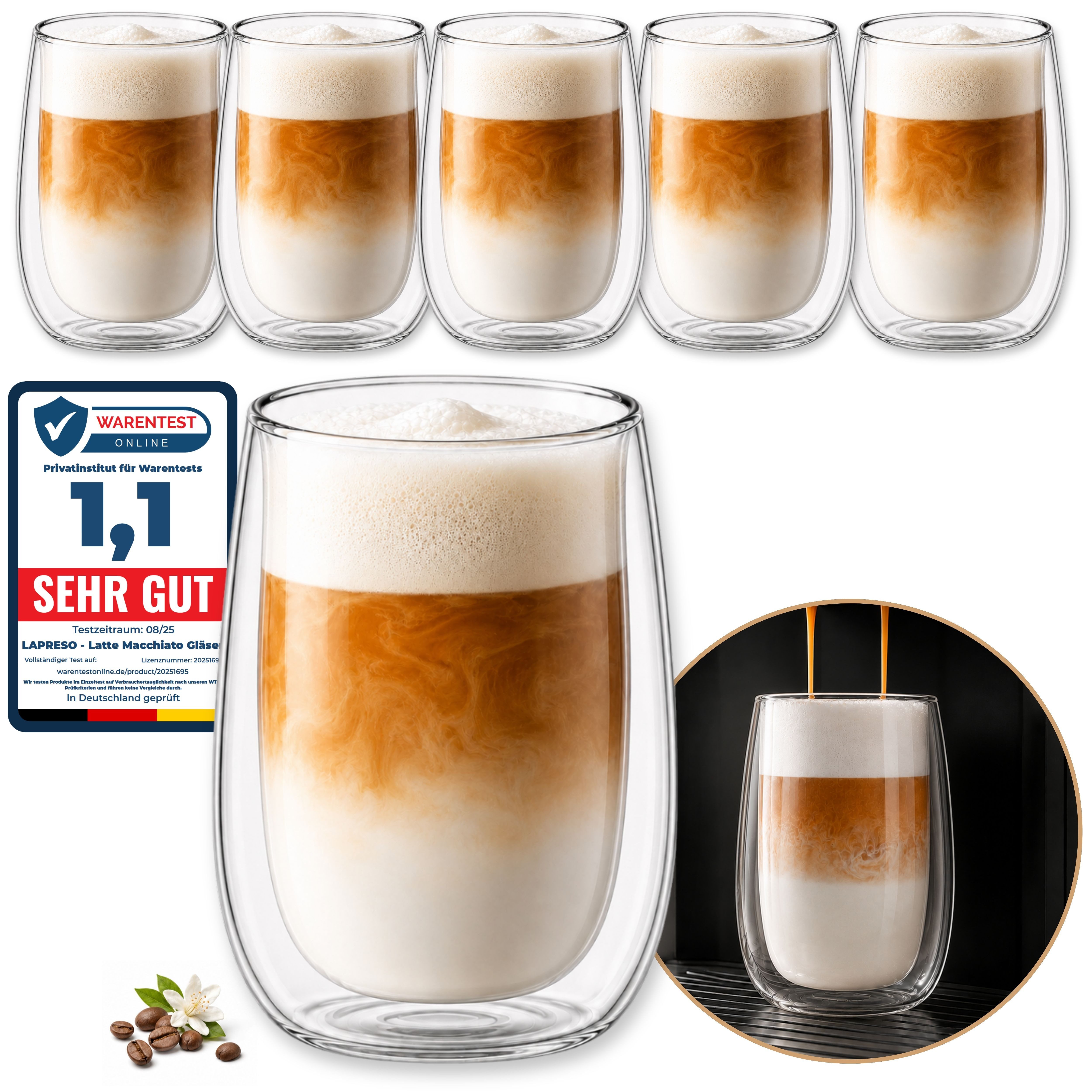 LAPRESO Latte-Macchiato-Glas Doppelwandig Thermogläser Kaffeegläser Set 350 ml, 6-tlg., Borosilikatglas, 6er Set