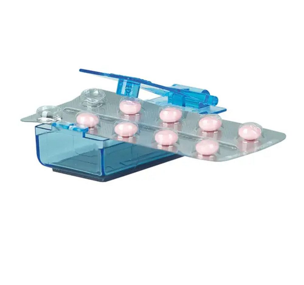 DocMed Pillendose Tablettenstanzer (Mühelose Anwendung, 1 St., Tabletten leicht entnehmen Alltagshilfe), Medikamentenhilfe