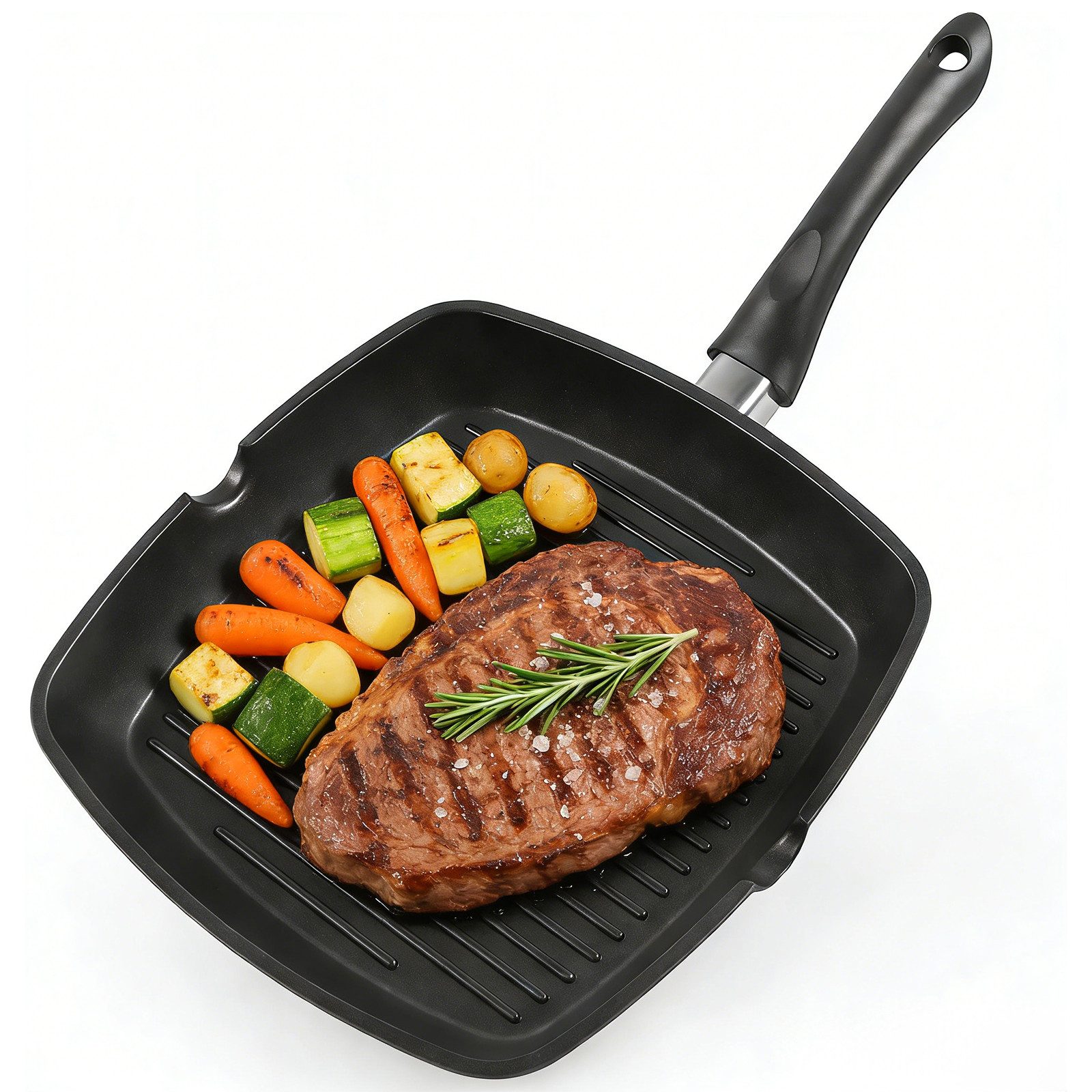 Gotoll Grillpfanne GL52383 28x28cm Steakpfanne mit Ausguss und Antihaftversiegelung, Aluminium (1-tlg), Aluminiumguss, wärmereduzierender Griff, induktionsgeeignet