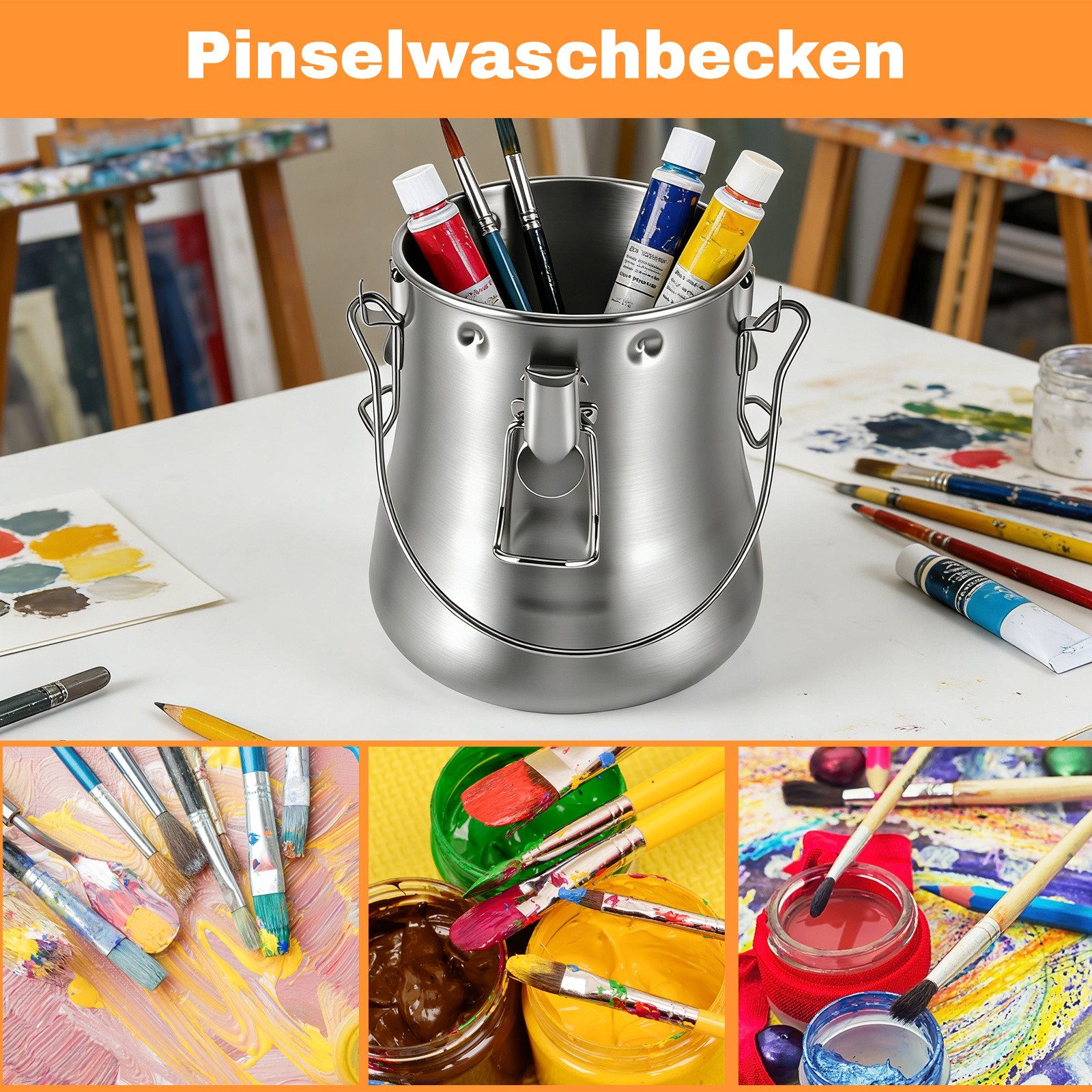 BlingBin Farbwanne Tragbarer Pinselwascher Edelstahl auslaufsicher,herausnehmbarem Sieb, (1 Stück, 1-tlg., 11.6x10.5x10.5cm), Pinselbecher mit Griff und Deckel  – Bild 4 von 5