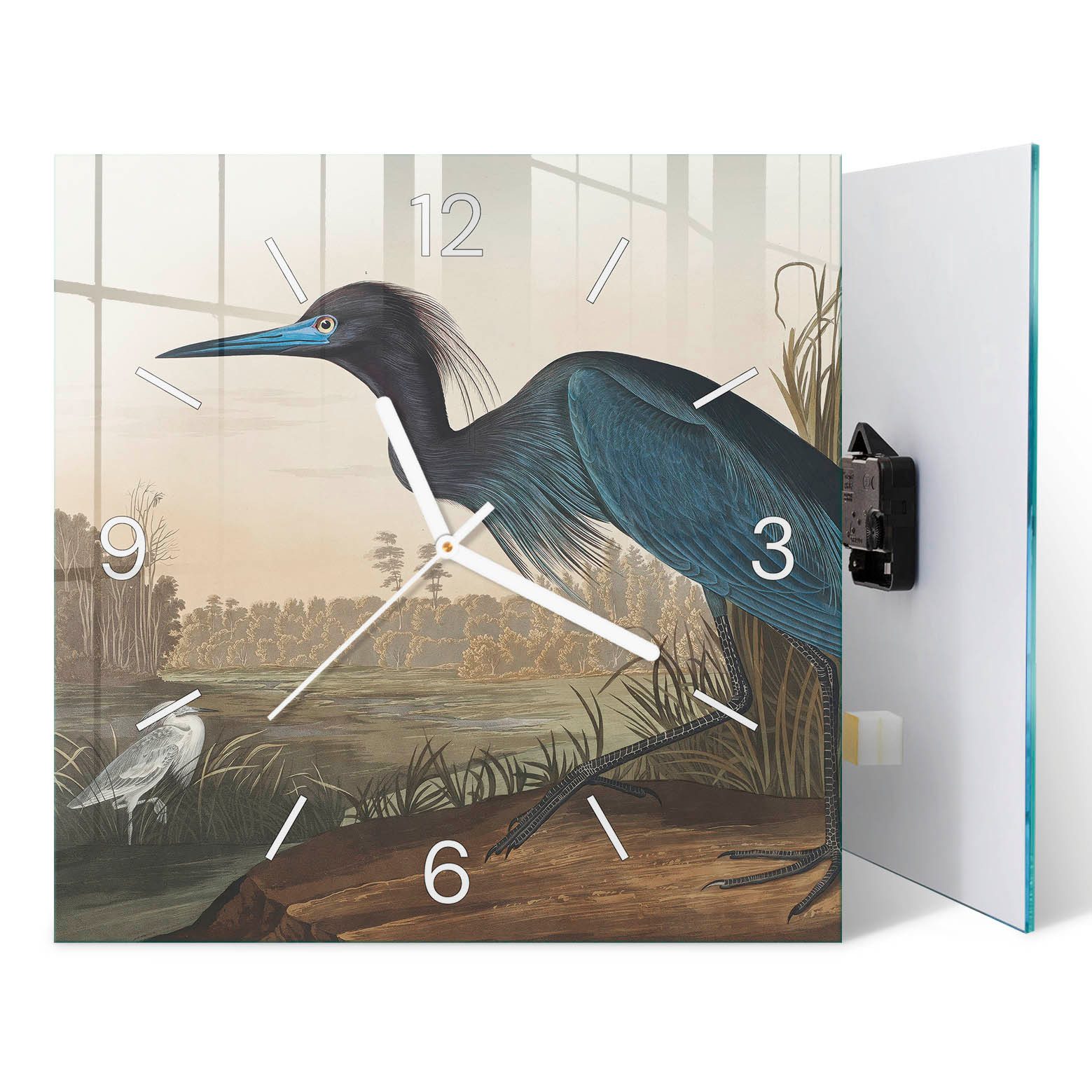 ArtPrintCave Wanduhr Moderne Glaswanduhr mit hochwertigem Druck und leisem Quarzmechanismus (Reiher in der Natur, Blau)