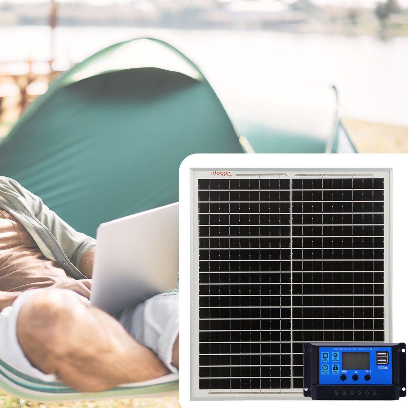 shop'n smile ideoon Solarmodul 20W Solarpanel, 20A PWM Laderegler (12V/24V) & USB, (1-St), Leerlaufspannung (Voc) 21,8 Volt