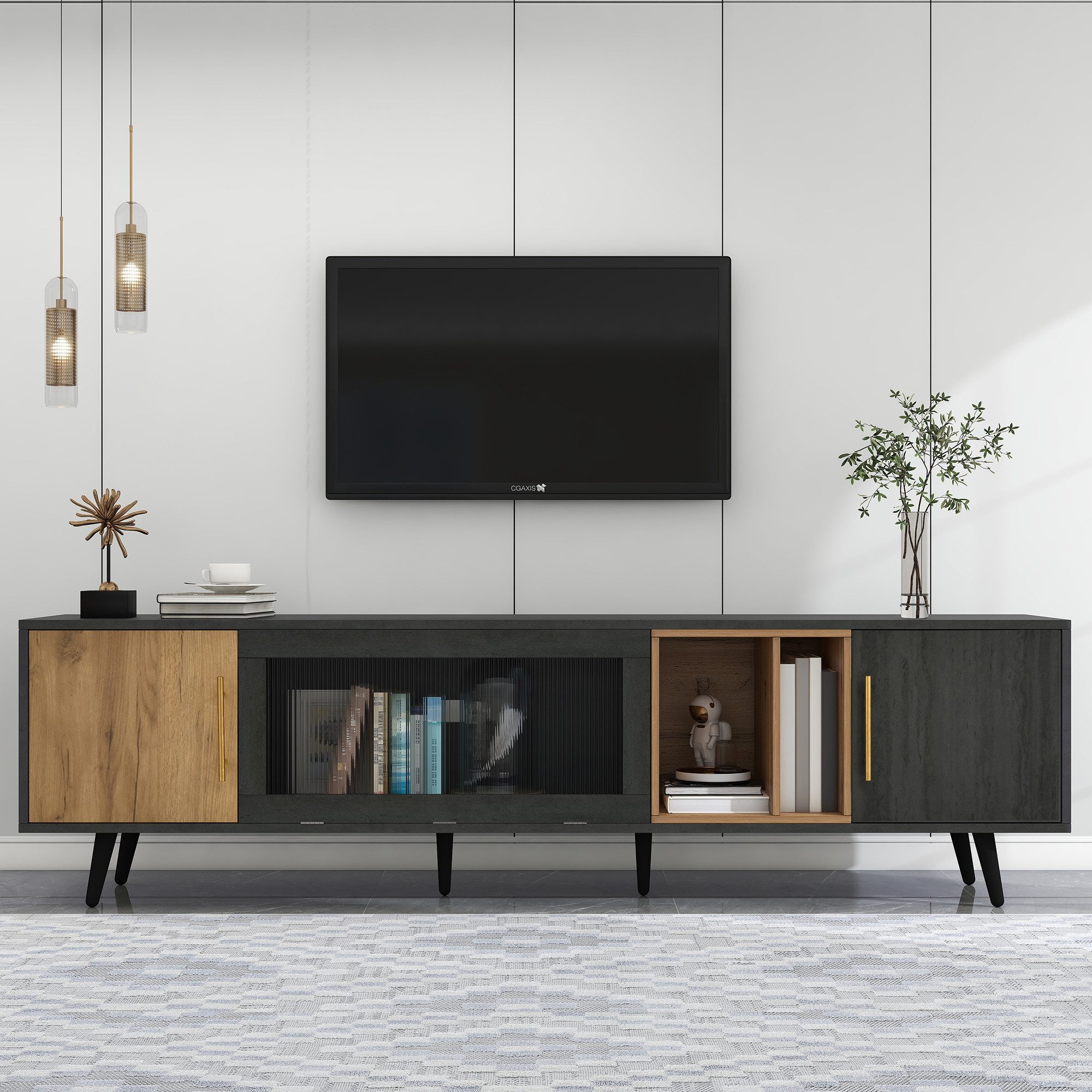 Merax Lowboard Fernsehschrank in Grau-Holzoptik & Dunkelholz (200 x 40 x 55,5 cm, 1 St), TV-Schrank mit Glastür, 3 Schranktüren, offenem Fach & Kabelmanagement