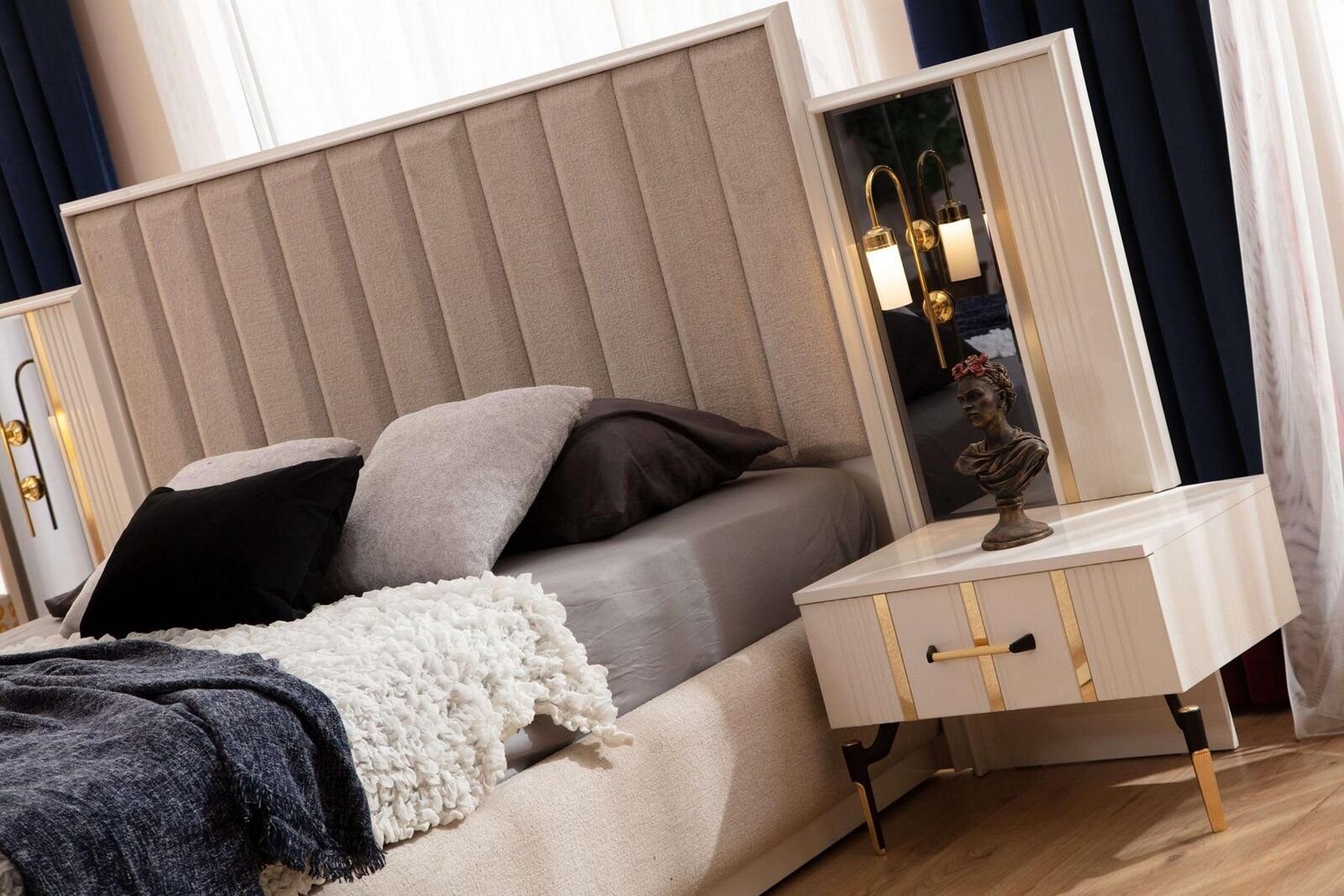 JVmoebel Schlafzimmer-Set Modernes Beiges Schlafzimmer 2x Doppelbett Nachttischen Made In Set 3 Europe mit tlg